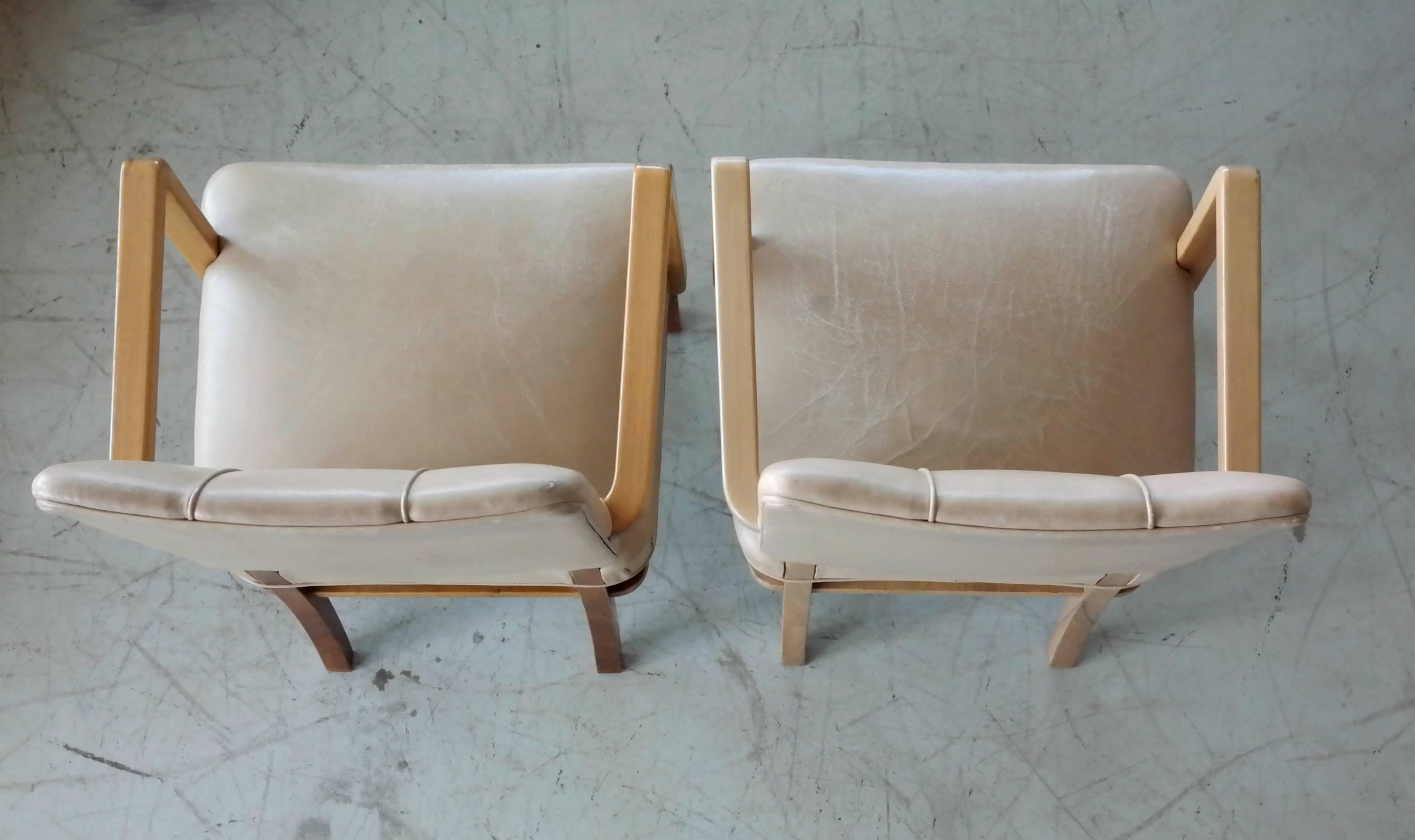 Pair of Danish Midcentury Executive Desk or Side Chairs in Beige Leather 1