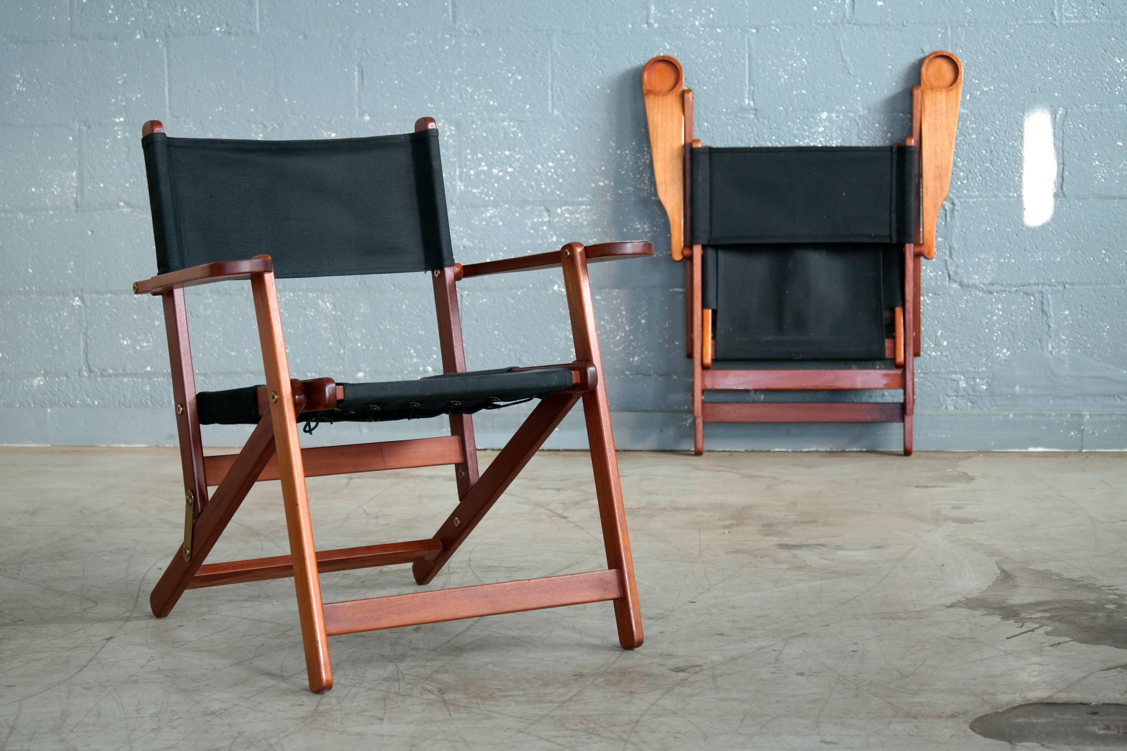 Brass Pair of Danish Midcentury Folding Deck Chairs in Solid Teak