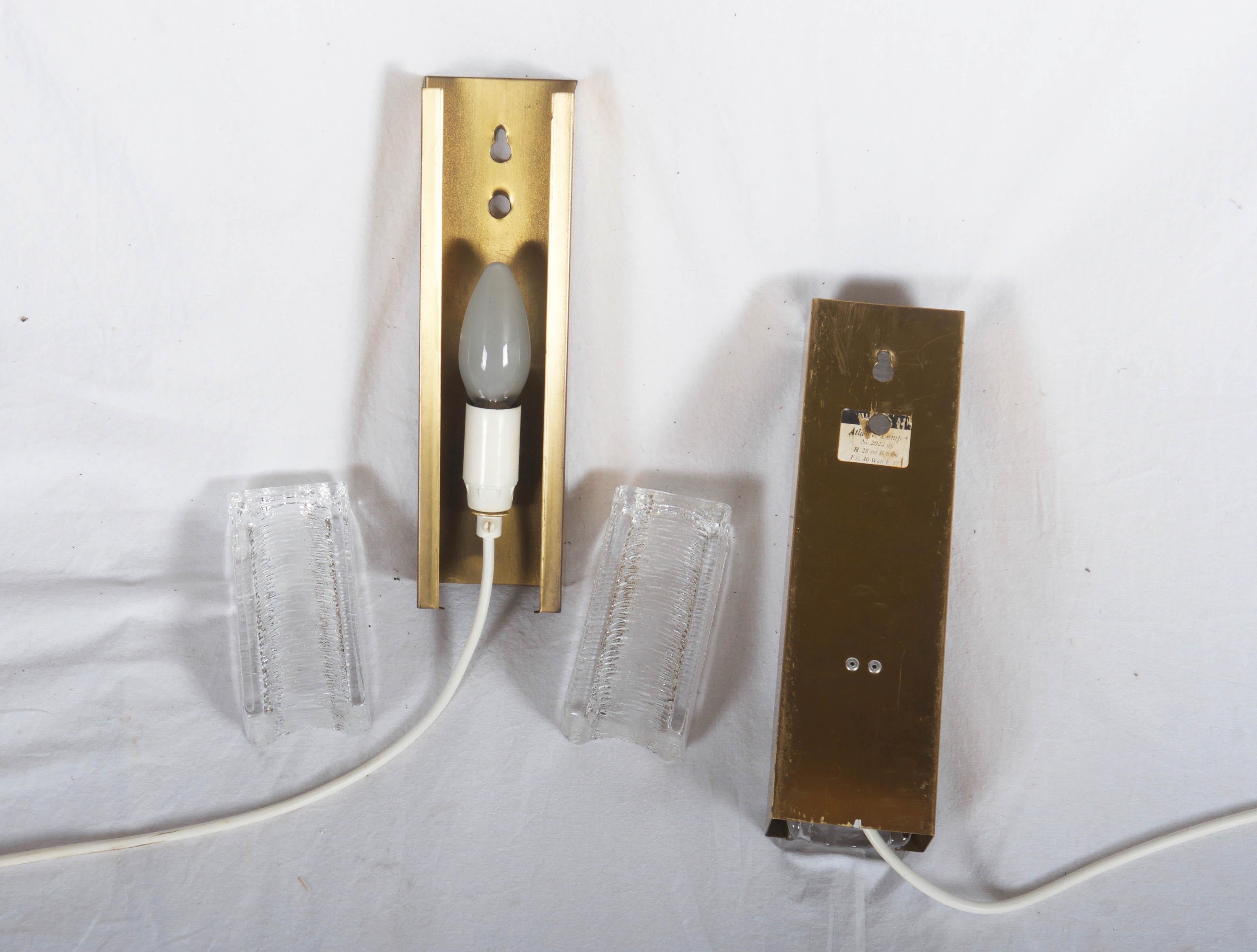 Pair of Danish Midcentury Glass, Brass Sconces by Vitrika For Sale 2