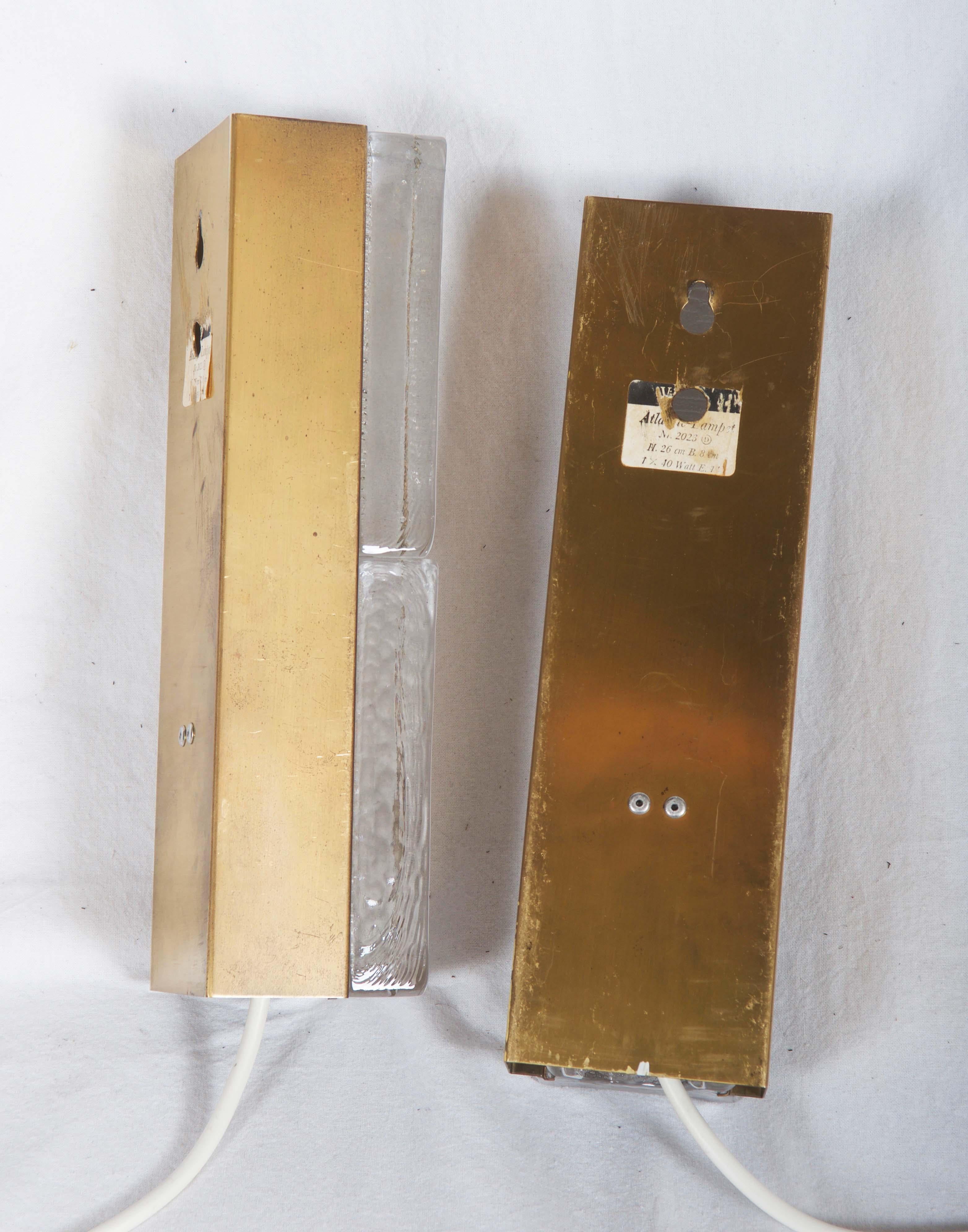 Pair of Danish Midcentury Glass, Brass Sconces by Vitrika For Sale 3