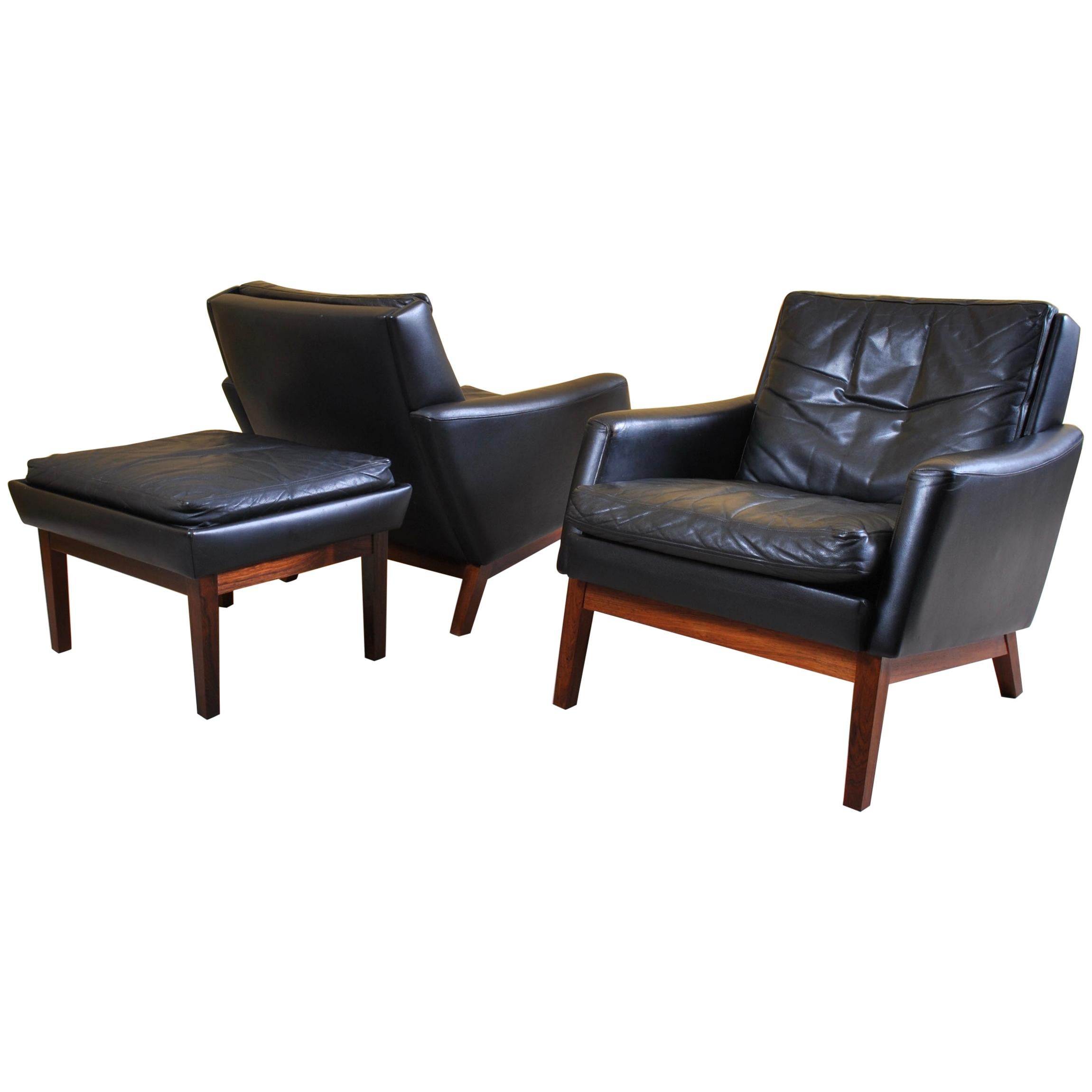 Pair of Danish Midcentury Leather Lounge Chairs and Ottoman