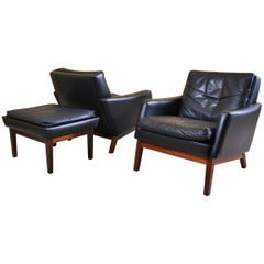 Pair of Danish Midcentury Leather Lounge Chairs and Ottoman