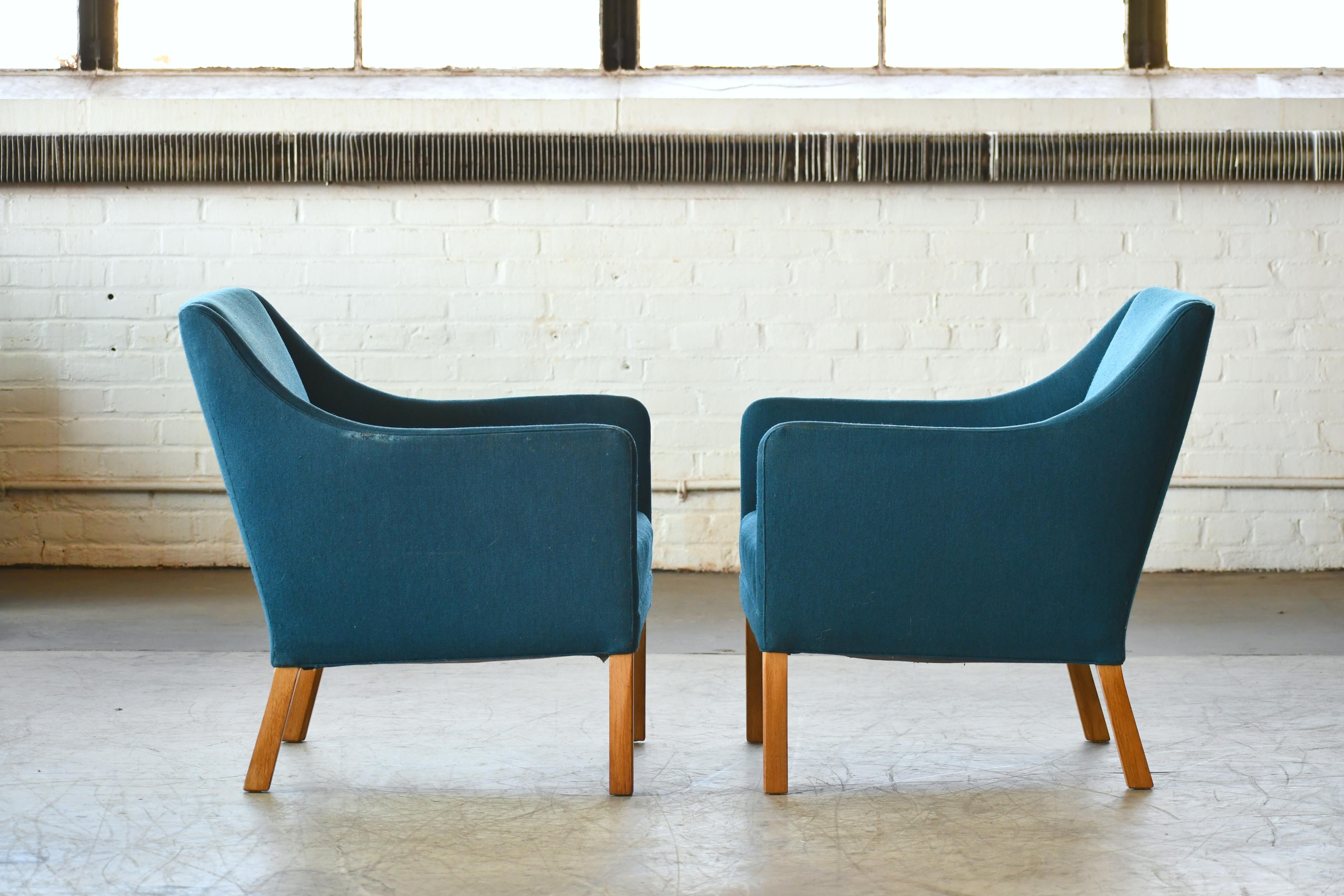 Wool Pair of Danish Midcentury Lounge Chairs Attributed to Ejnar Larsen & Axel Bender