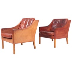 Pair of Danish Midcentury Lounge Chairs in Patinated Leather by Børge Mogensen