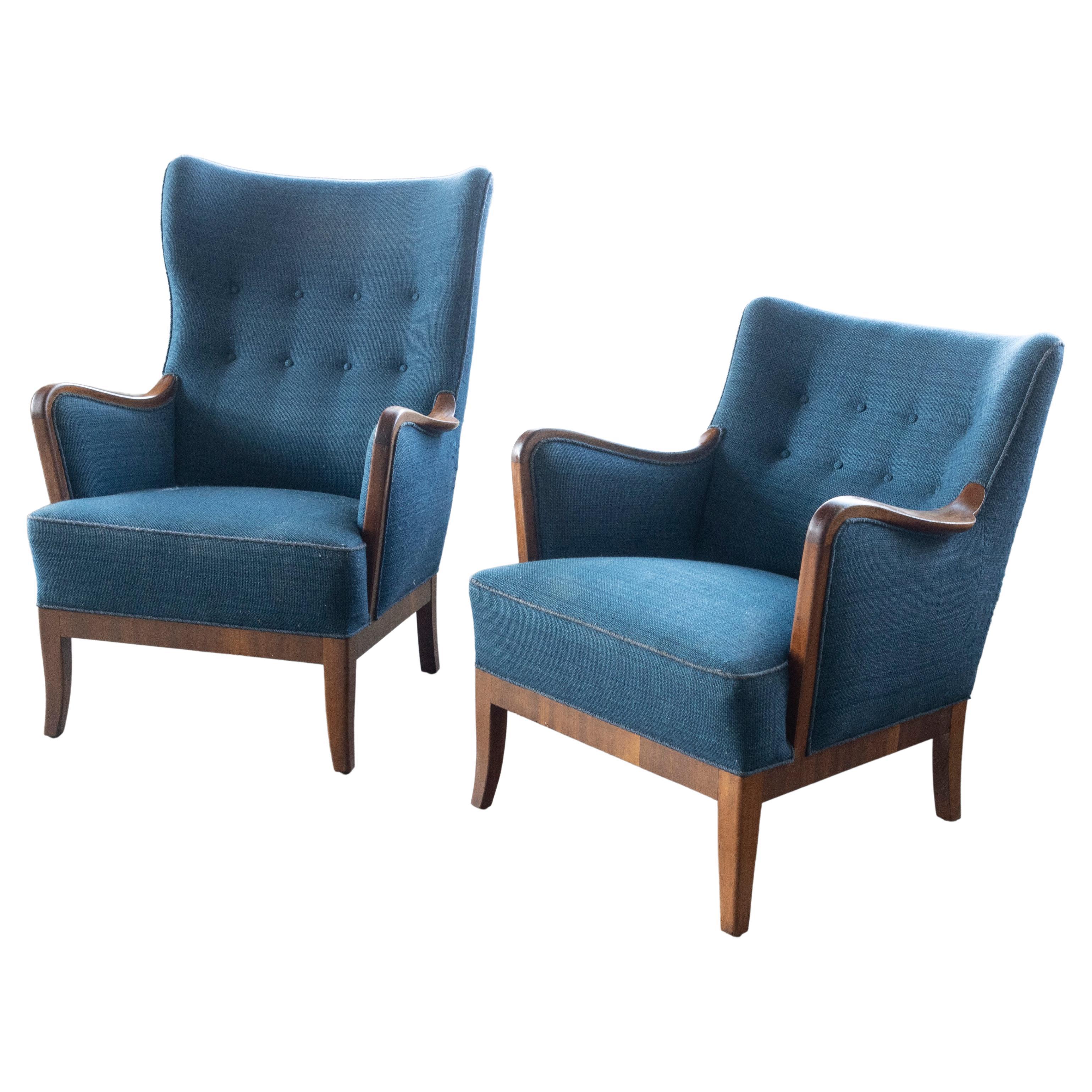 Pair of Danish Midcentury Lounge Chairs with Walnut Frames and Legs