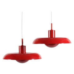 Pair of Danish Midcentury Piet Hein RA Small Red Pendant Lamps by Lyfa, 1960s