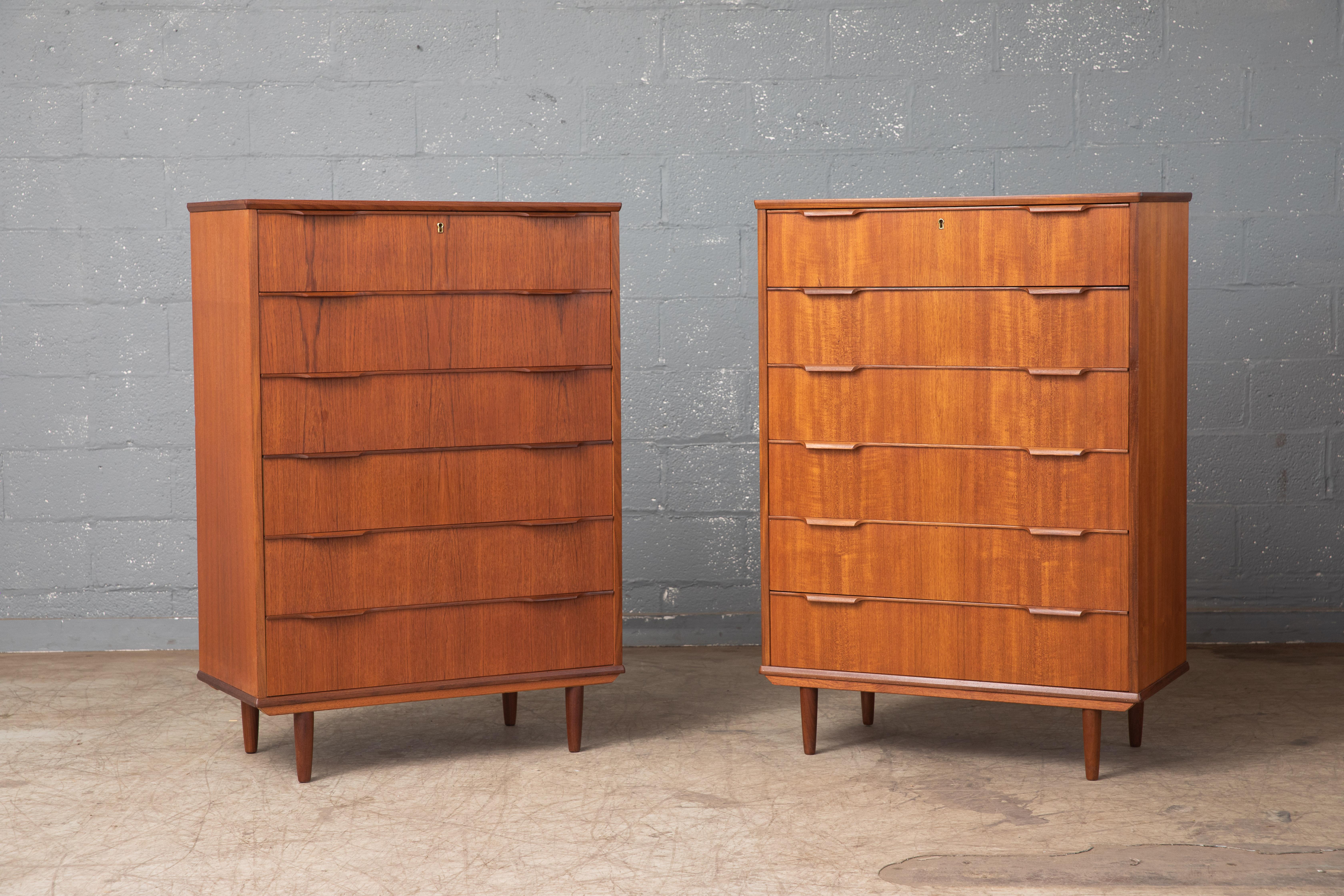 Mid-Century Modern Matching Pair of Danish Midcentury Kai Kristiansen Style Tall Teak Dressers 