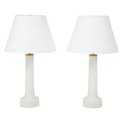 Pair of Danish Milk Glass and Brass Mounted Table Lamps, circa 1940s