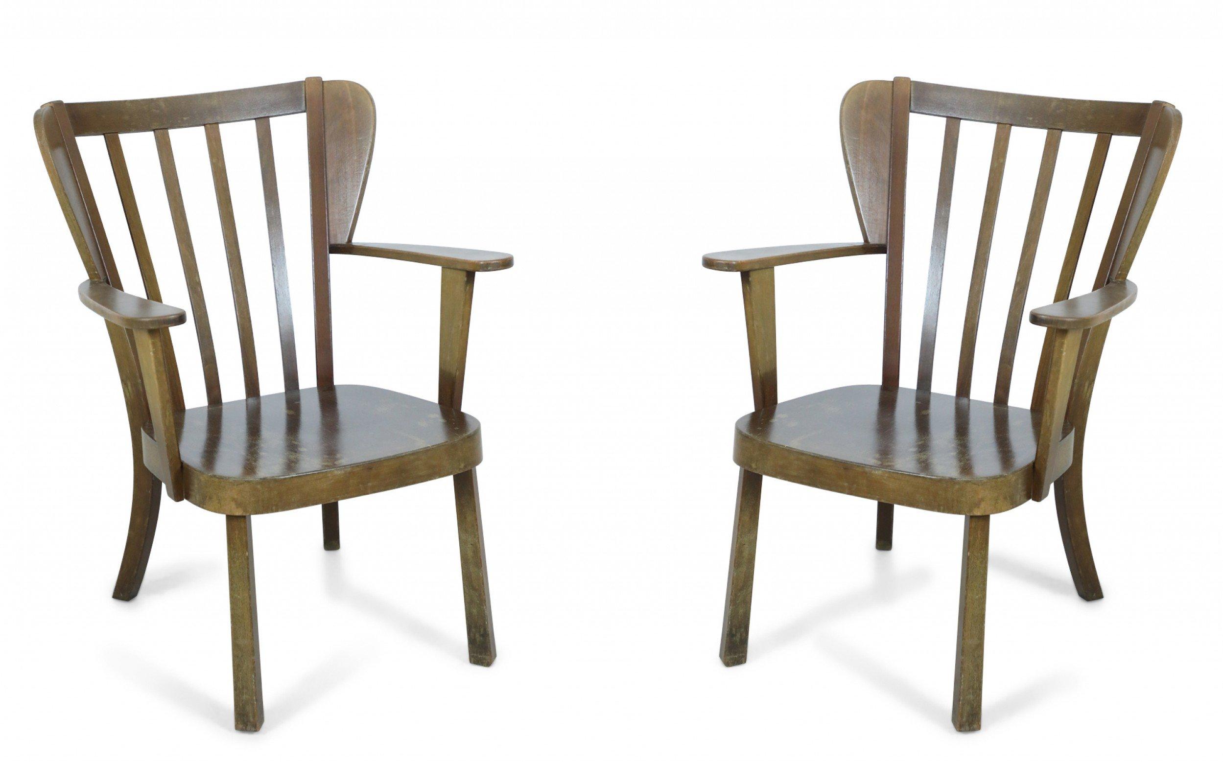 20th Century Pair of Danish Mission-Style Oak Slat Back Wing Armchairs For Sale