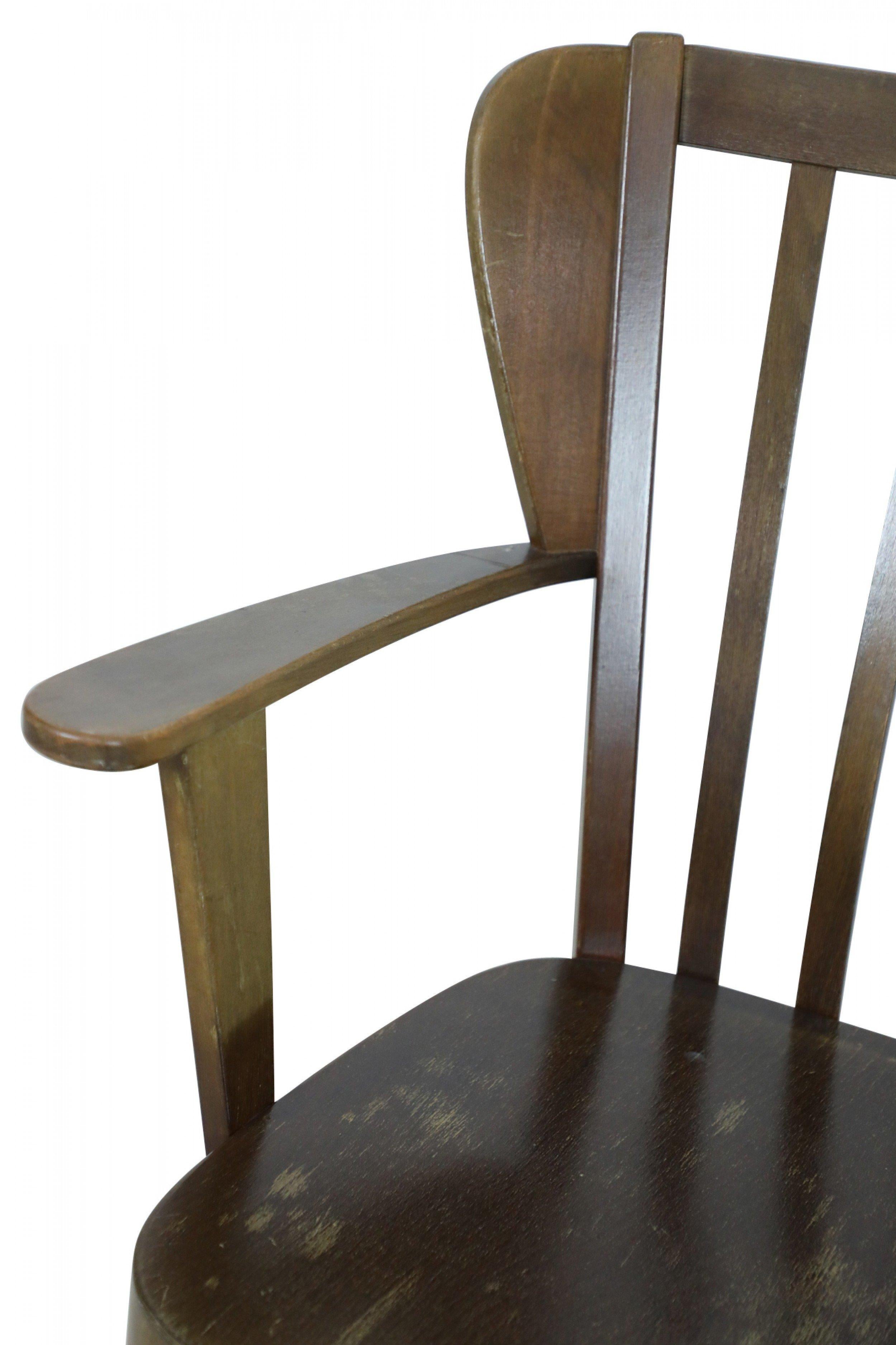 Slate Pair of Danish Mission-Style Oak Slat Back Wing Armchairs For Sale