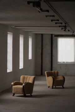 Pair of Danish Modern Art Deco Lounge Chairs in Lambswool and Birch, 1930s