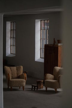 Paire de chaises longues danoises modernes Art déco en laine de mouton et orme, années 1940