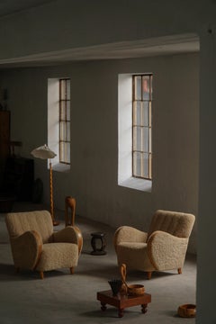 Pair of Danish Modern Art Deco Lounge Chairs in Shearling Lambswool & Elm, 1940s
