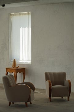 Pair of Danish Modern Art Deco Lounge Chairs, Reupholstered, Mohair & Elm, 1940s