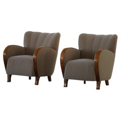 Pair of Danish Modern Art Deco Lounge Chairs, Reupholstered, Mohair & Elm, 1940s