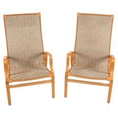 Paire de chaises longues danoises modernes en bois courbé, en hêtre tressé et en toile naturelle