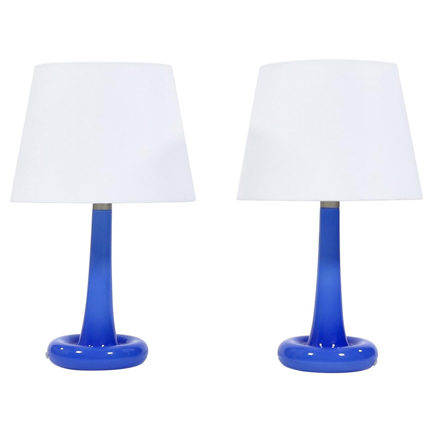 Pair of Danish Modern Blue Glass Table Lamps by Holmegaard Glassworks, 1975  For Sale