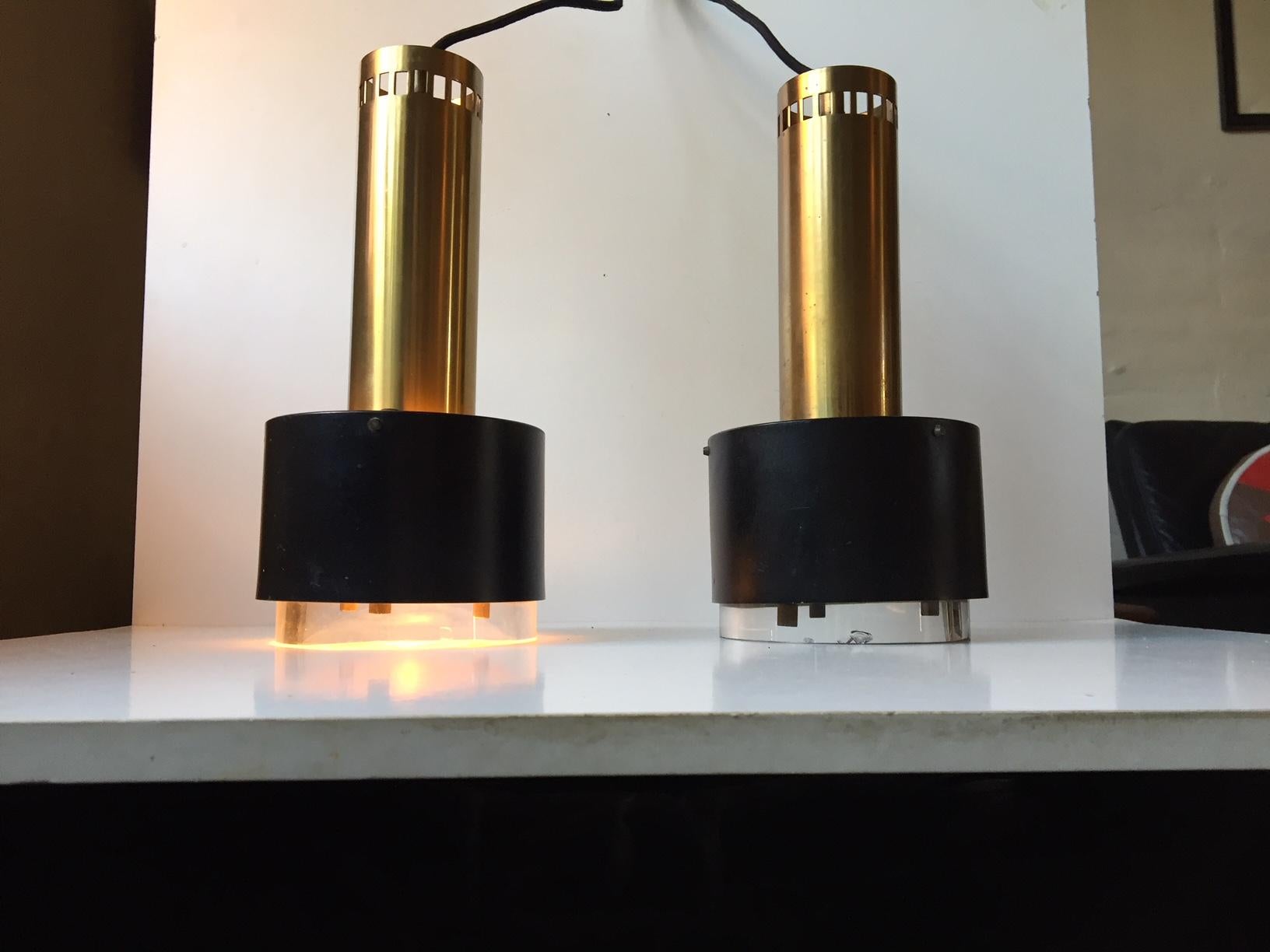 Pair of Danish Modern Brass and Crystal Pendant Lamps by Kay Kørbing, Lyfa 1960s In Fair Condition In Esbjerg, DK