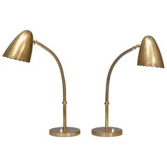 Pair of Danish Modern Brass Table Lamps with Adjustable Shades, 1940s