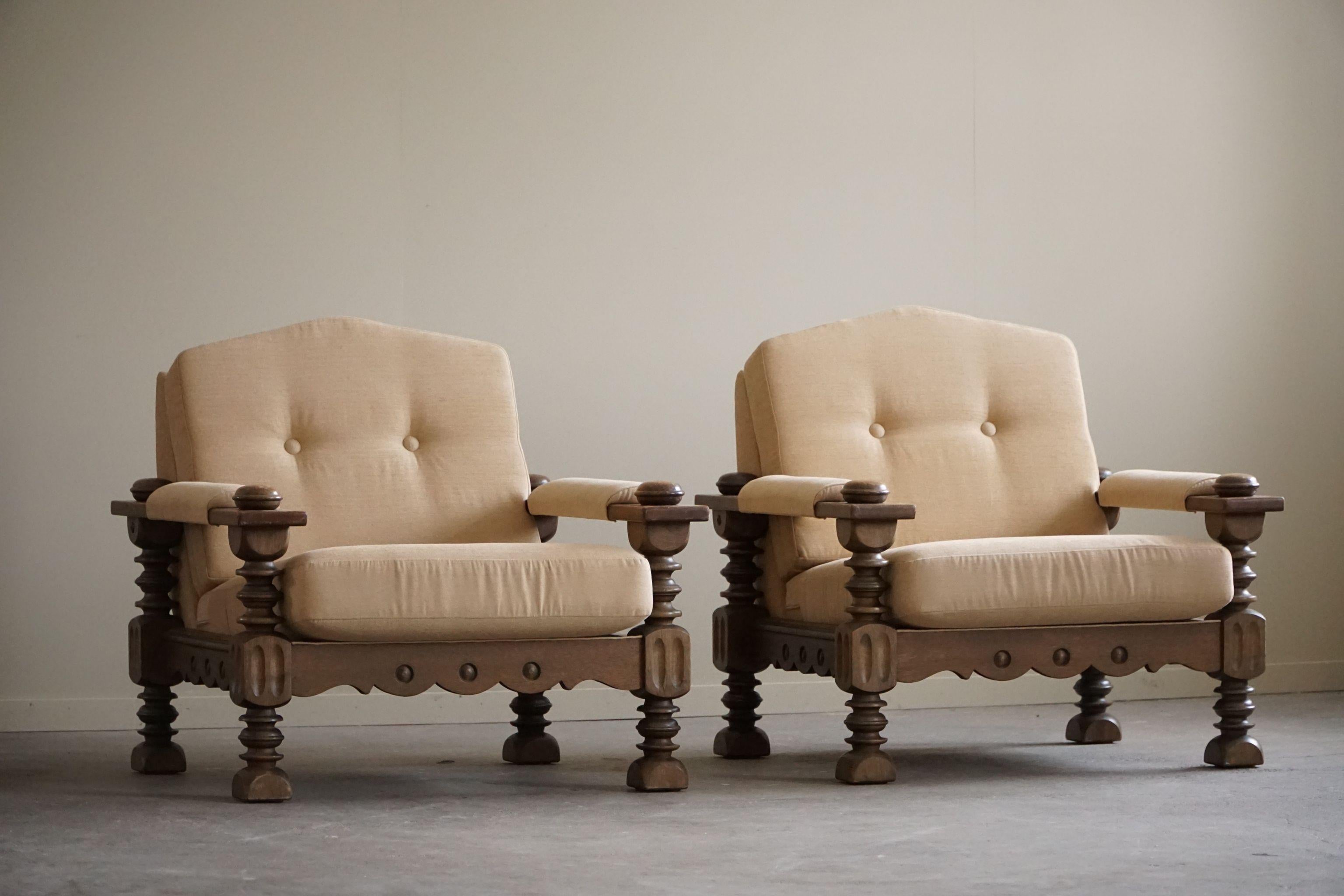 Pair of Danish Modern Brutalist Lounge Chairs in Oak, Henning Kjærnulf, 1960s For Sale 6