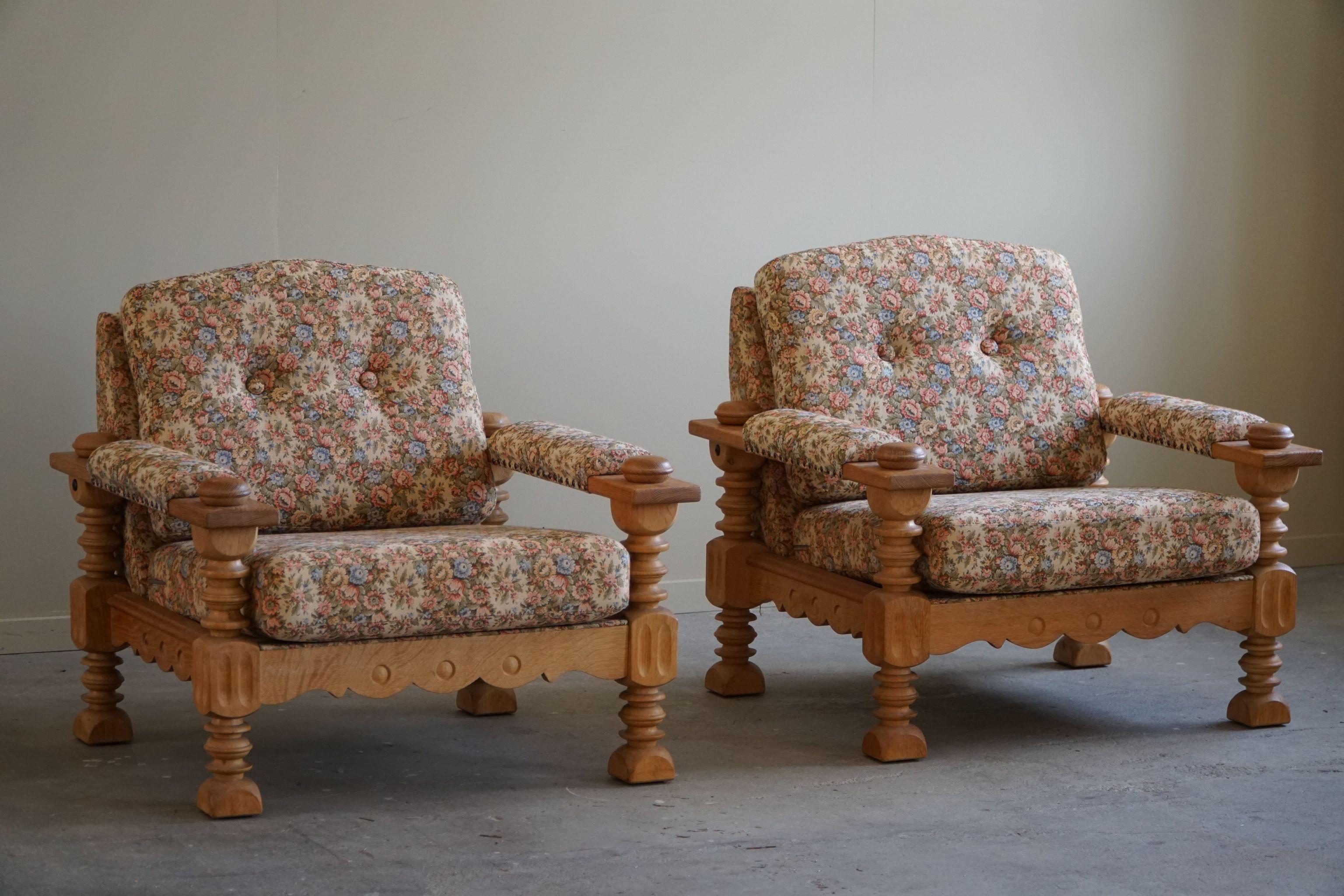 Pair of Danish Modern Brutalist Lounge Chairs in Oak, Henning Kjærnulf, 1960s For Sale 9