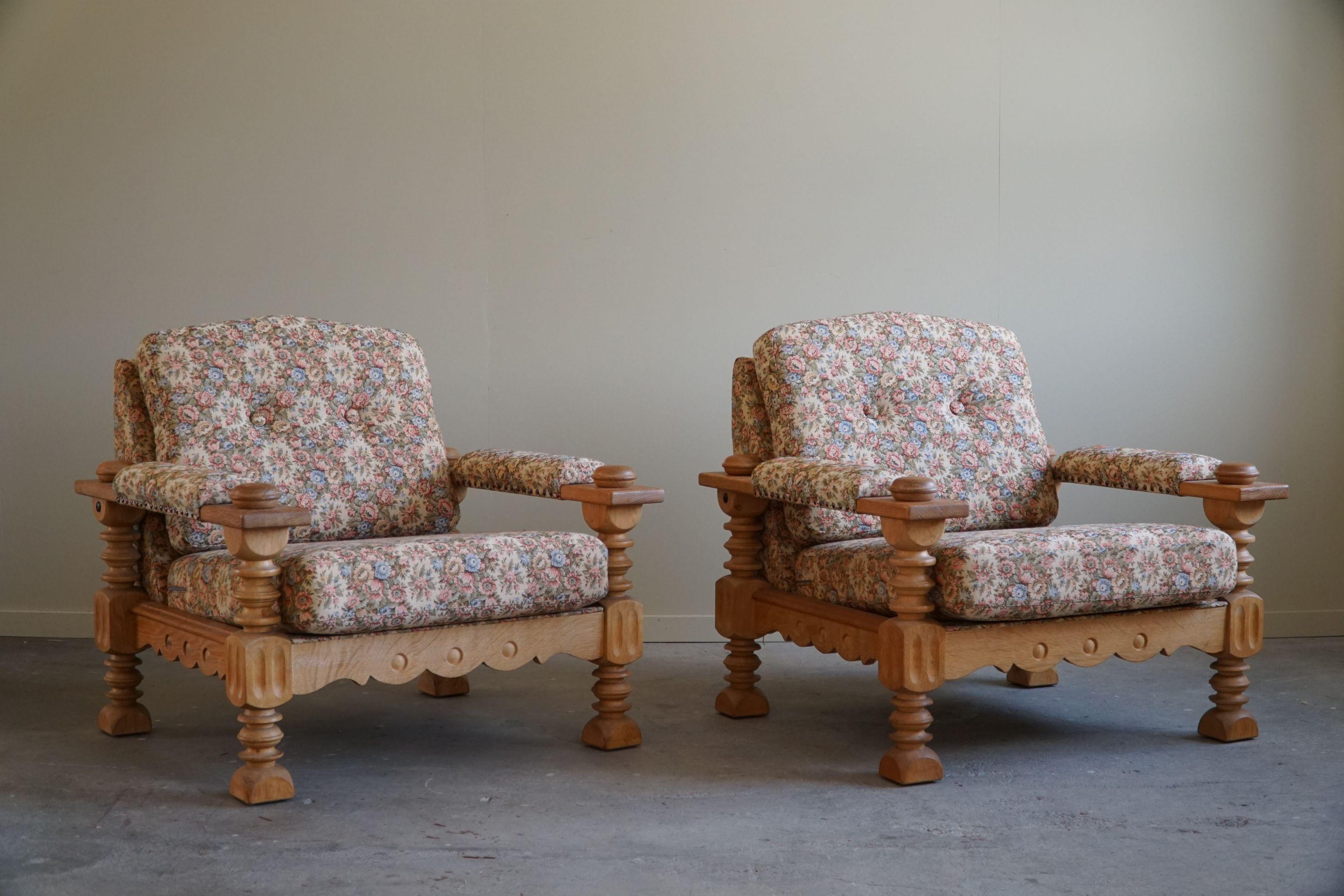 Pair of Danish Modern Brutalist Lounge Chairs in Oak, Henning Kjærnulf, 1960s For Sale 10