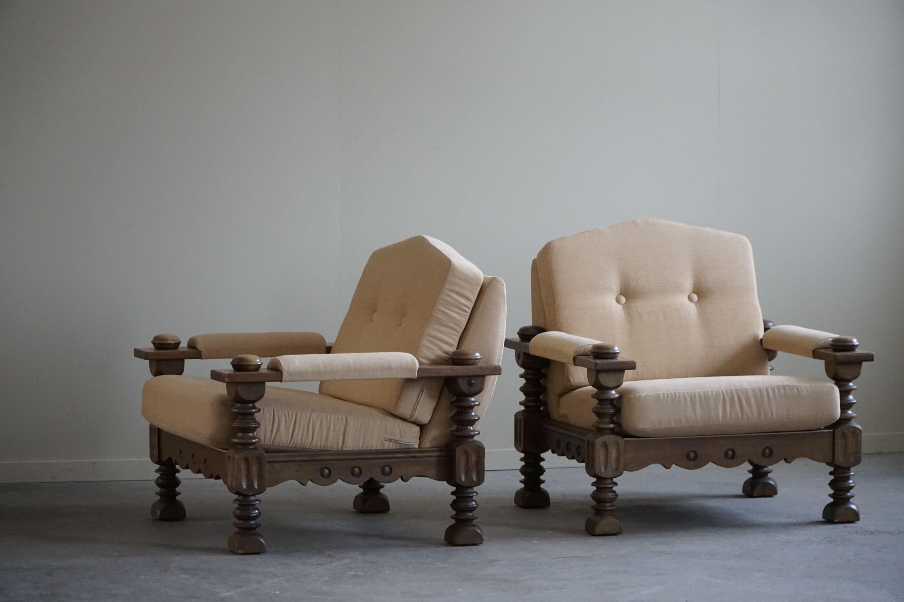 Mid-Century Modern Pair of Danish Modern Brutalist Lounge Chairs in Oak, Henning Kjærnulf, 1960s For Sale