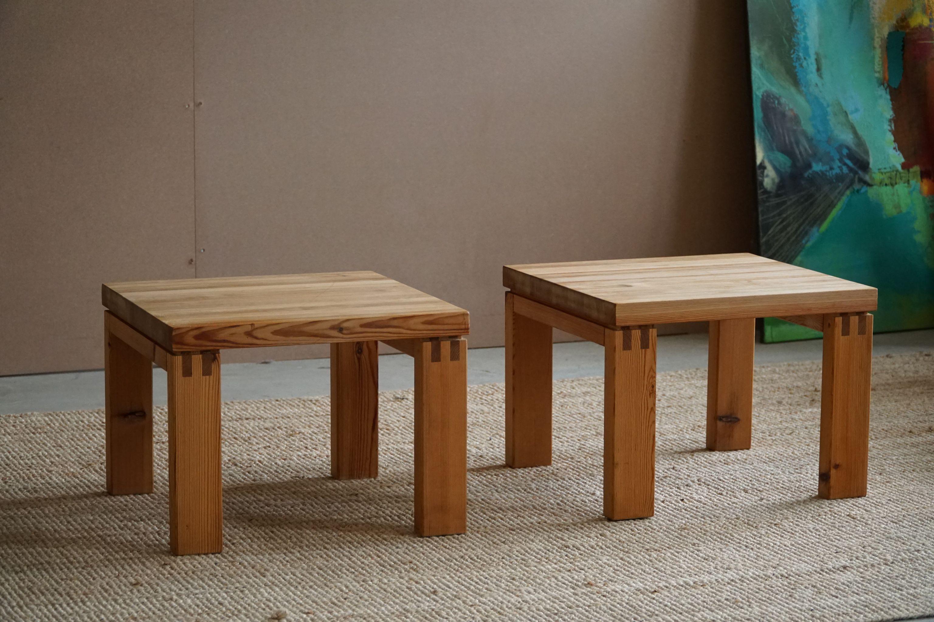 Late 20th Century Pair of Danish Modern Brutalist Side Tables in Solid Pine, Made by Nytibo, 1970s
