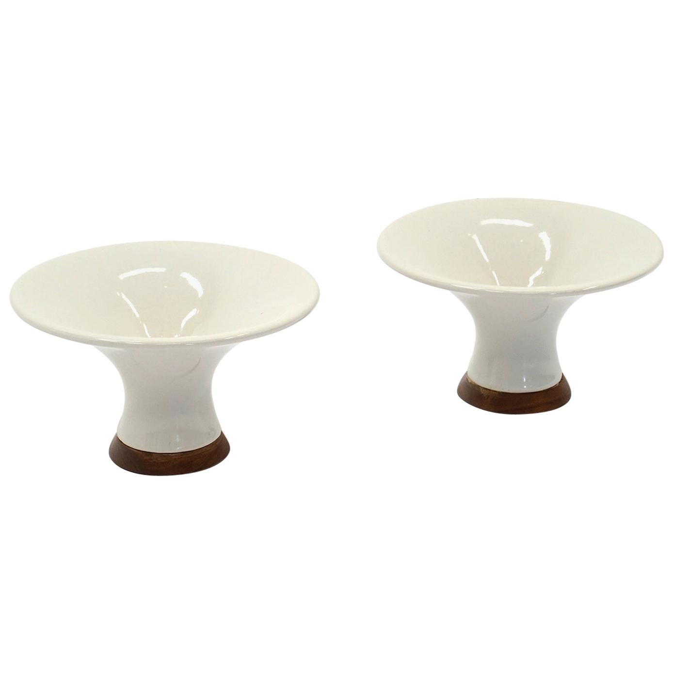 Pair of Danish Modern Candleholders, Off-White / Ivory Pottery and Teak Base