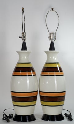 Pair of Danish Modern Ceramic and Wood Striped Table Lamps
