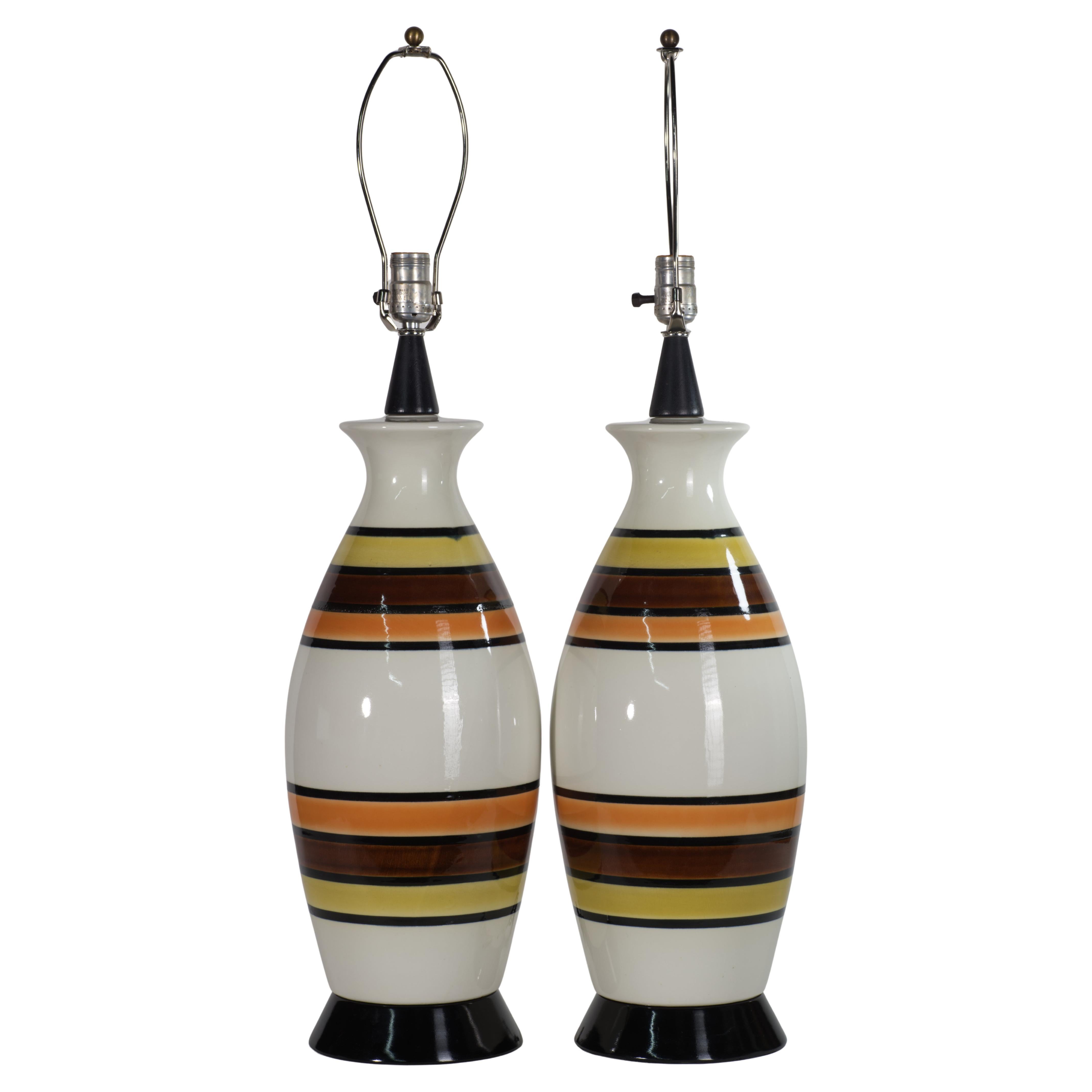 Pair of Danish Modern Ceramic and Wood Striped Table Lamps