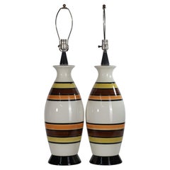 Pair of Danish Modern Ceramic and Wood Striped Table Lamps