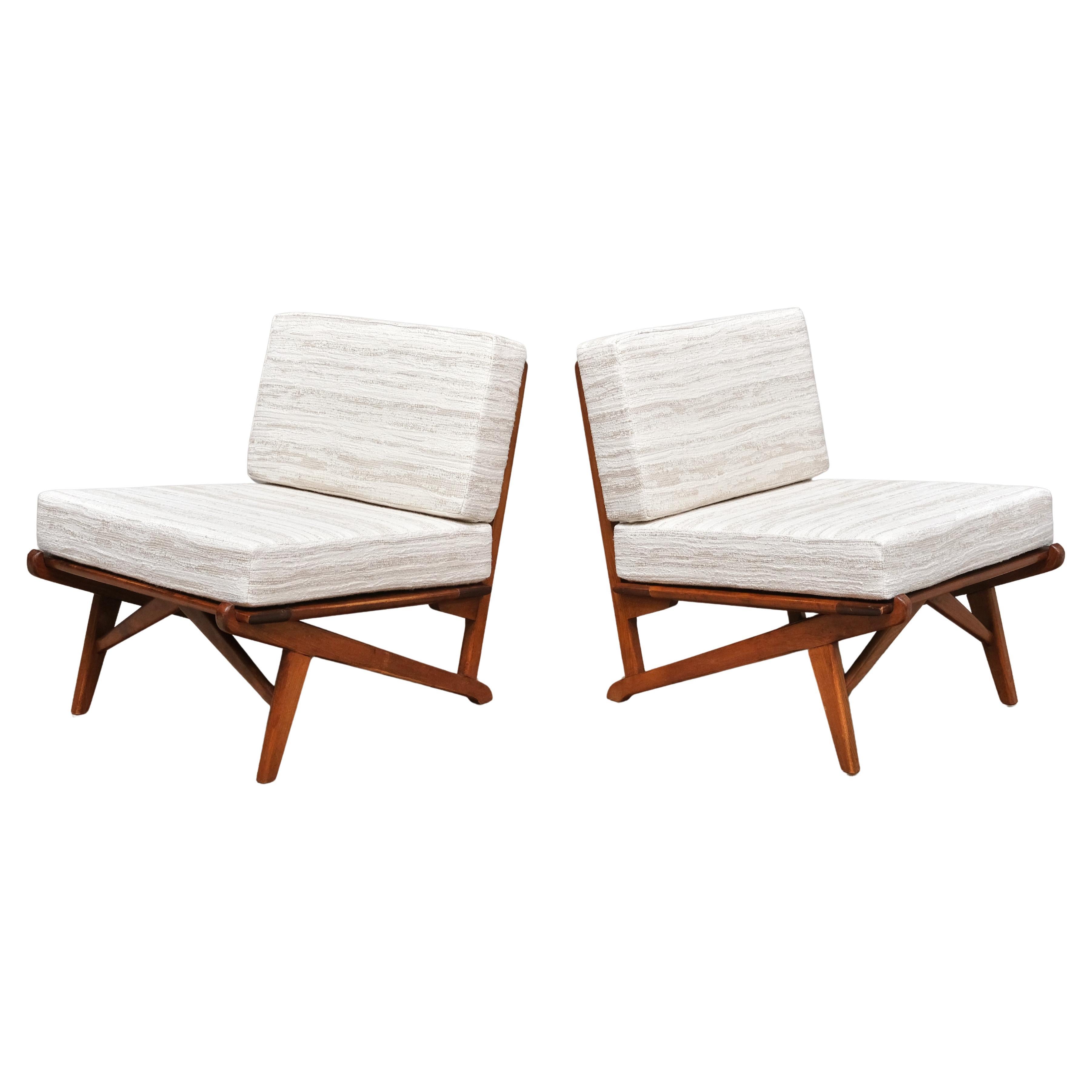 Pair of Danish Modern Chairs in Solid Oak and Métaphores Striped Jacquard, 1950s For Sale