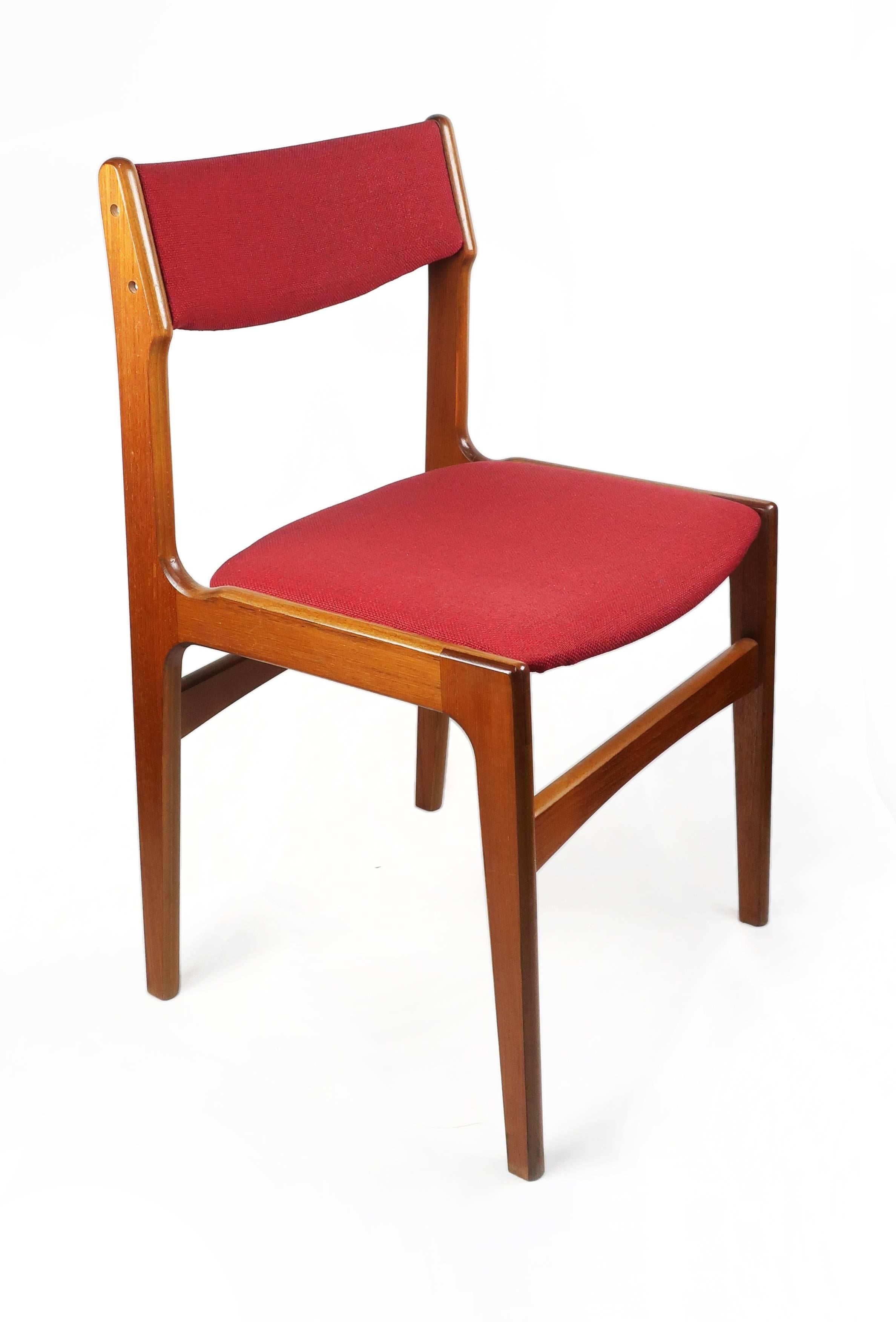 A stunning pair of Danish Modern teak dining chairs by Erik Buch for Anderstrup Mobelfabrik. Professionally reupholstered with a rich red vintage upholstery and new seat/back foam. The teak finger joint frames are in excellent shape and have been