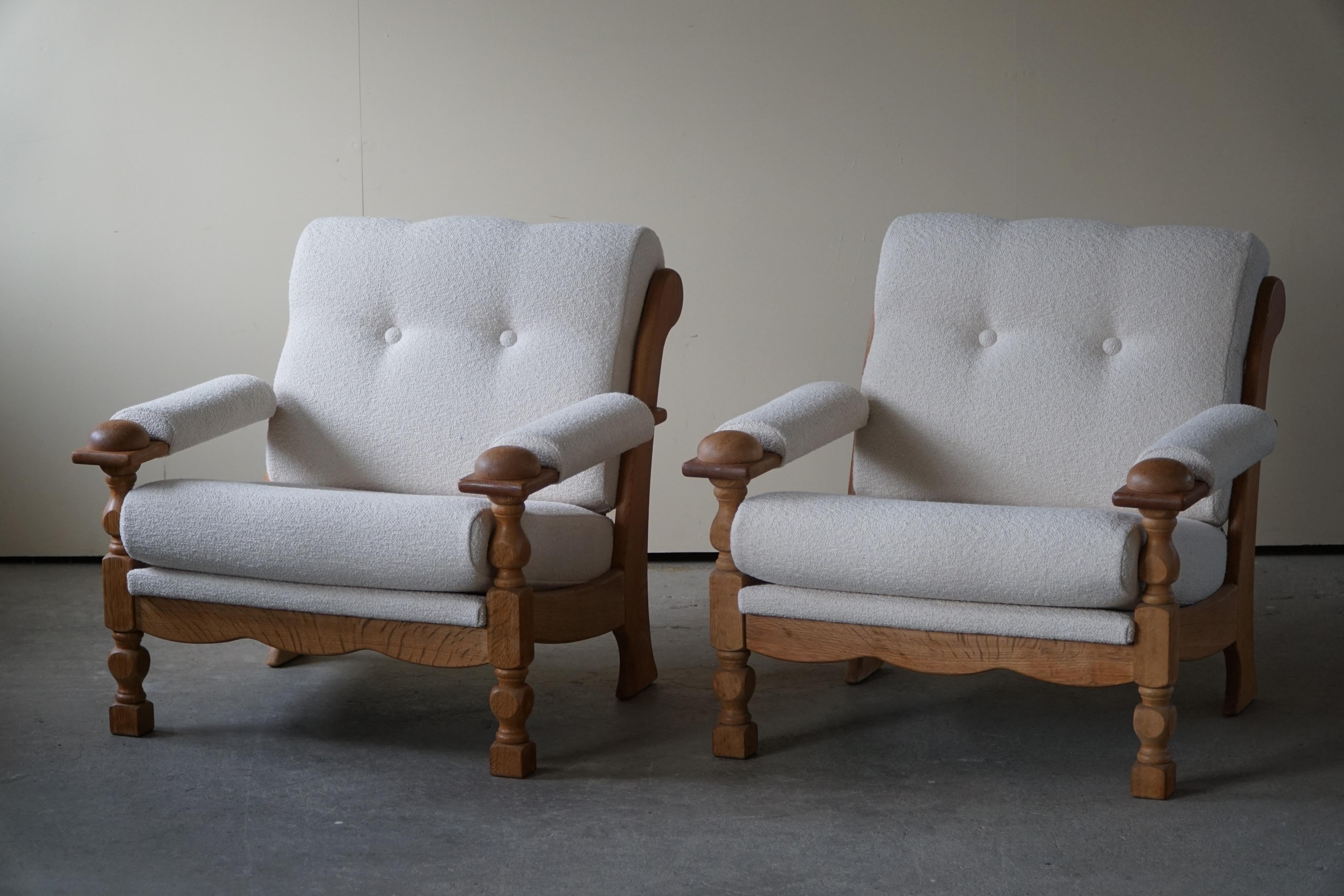 Pair of Danish Modern Easy Chairs in Oak & Bouclé, Henning Kjærnulf, 1960s 5