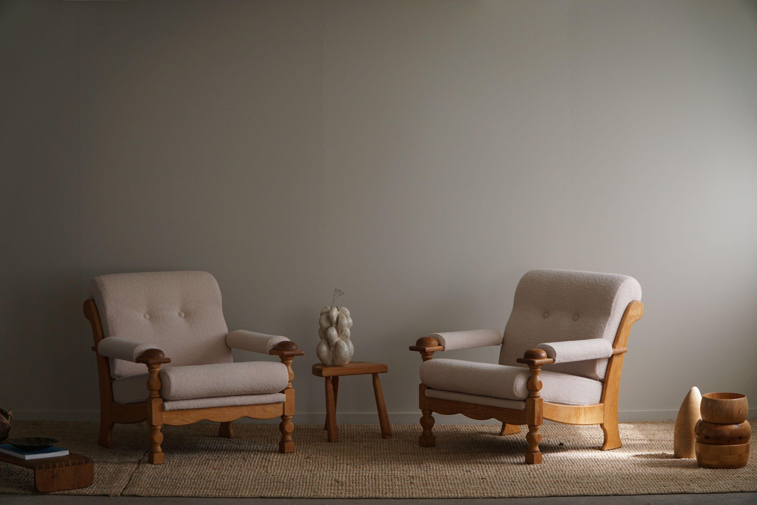 Pair of Danish Modern Easy Chairs in Oak & Bouclé, Henning Kjærnulf, 1960s 4