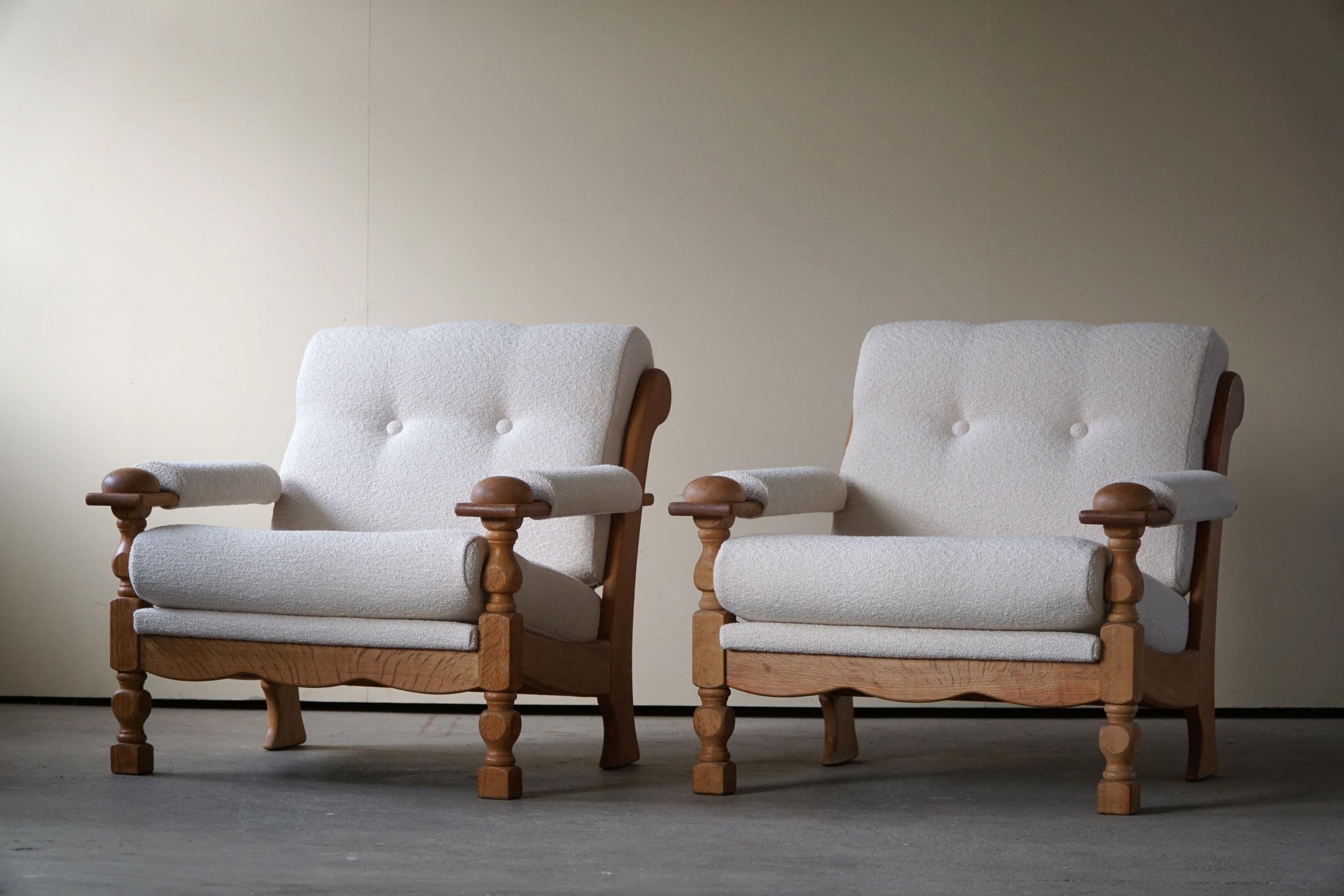 Pair of Danish Modern Easy Chairs in Oak & Bouclé, Henning Kjærnulf, 1960s 6