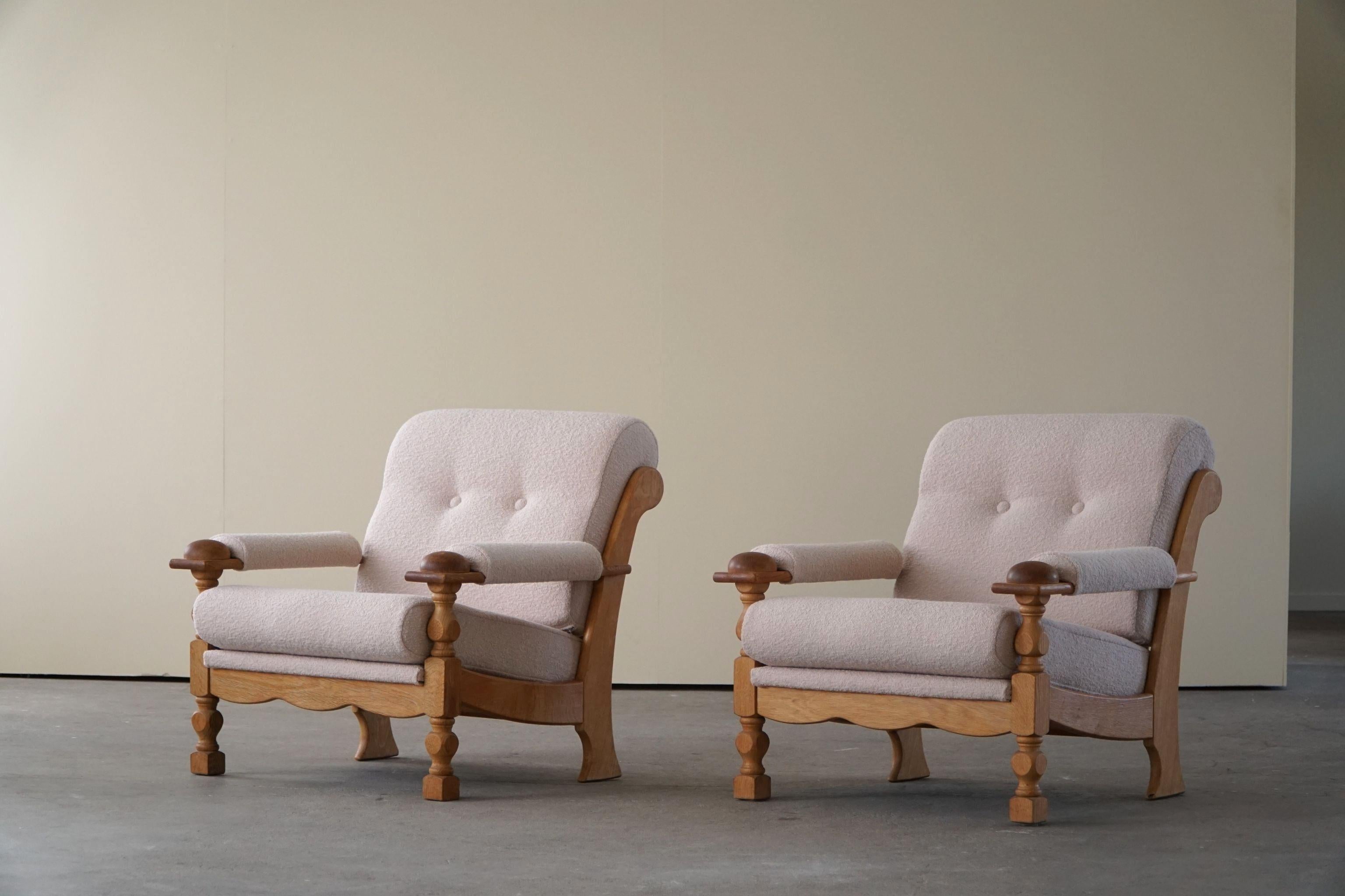 Pair of Danish Modern Easy Chairs in Oak & Bouclé, Henning Kjærnulf, 1960s 7