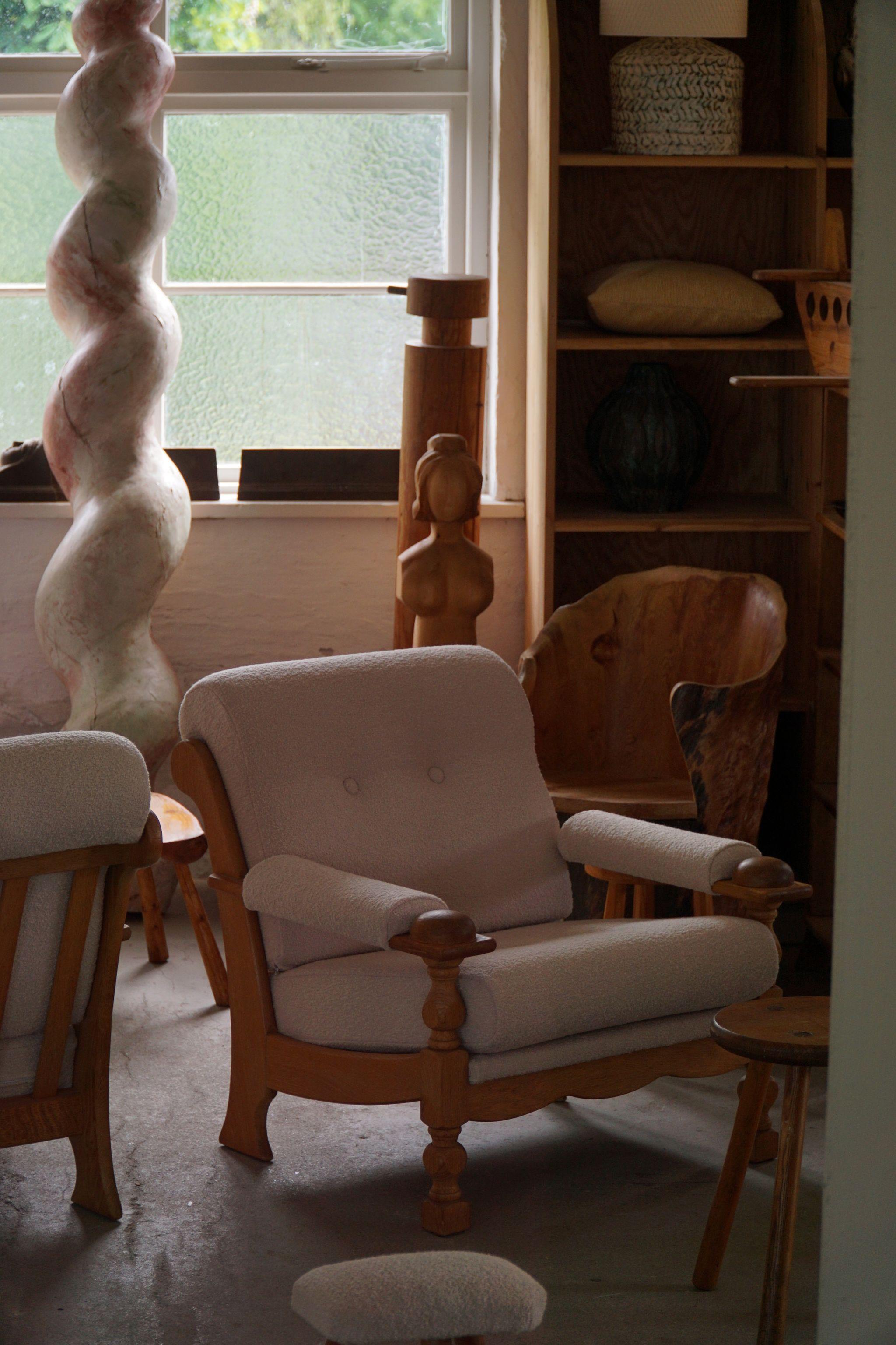 Wool Pair of Danish Modern Easy Chairs in Oak & Bouclé, Henning Kjærnulf, 1960s