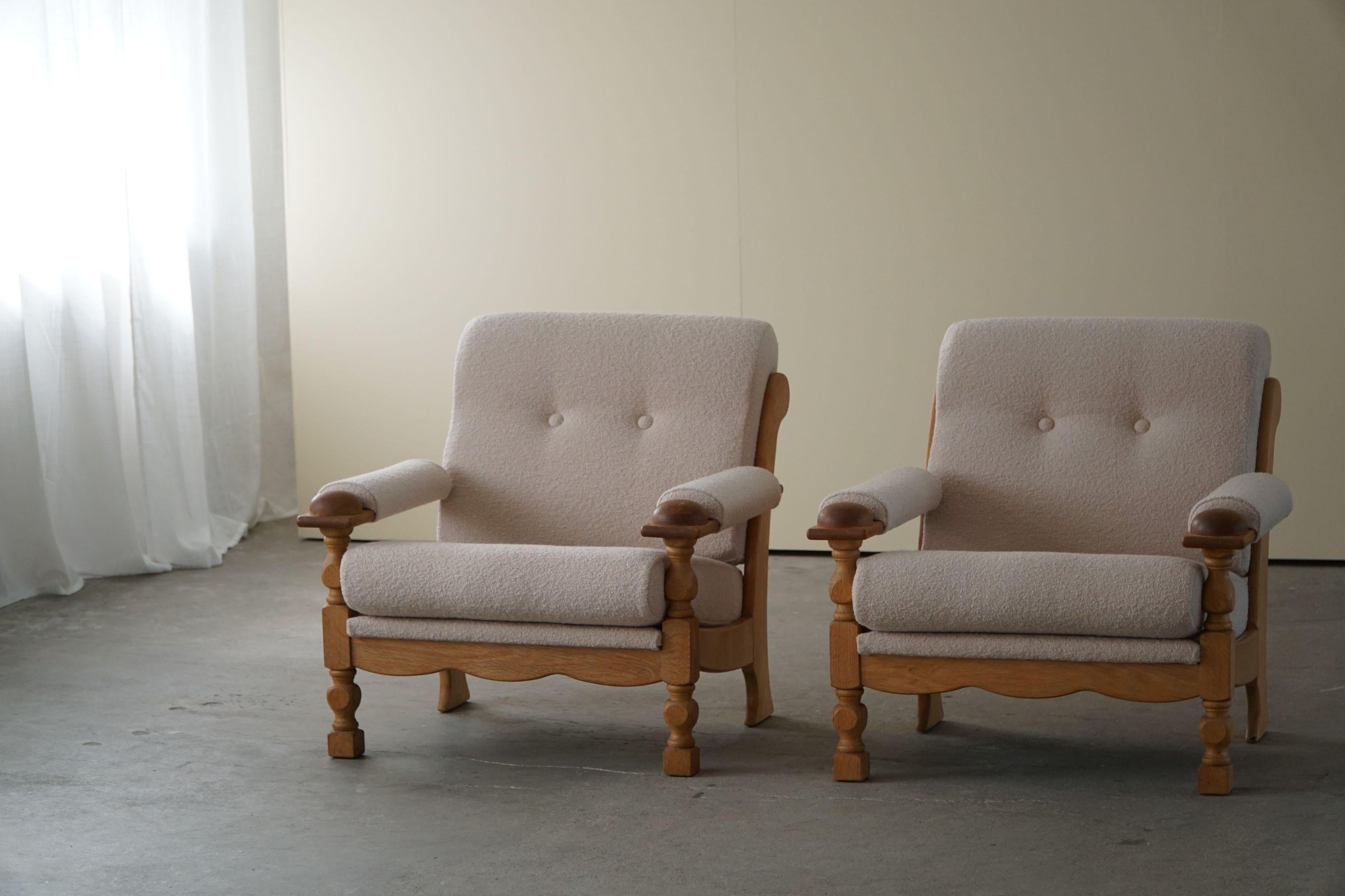 Pair of Danish Modern Easy Chairs in Oak & Bouclé, Henning Kjærnulf, 1960s 2