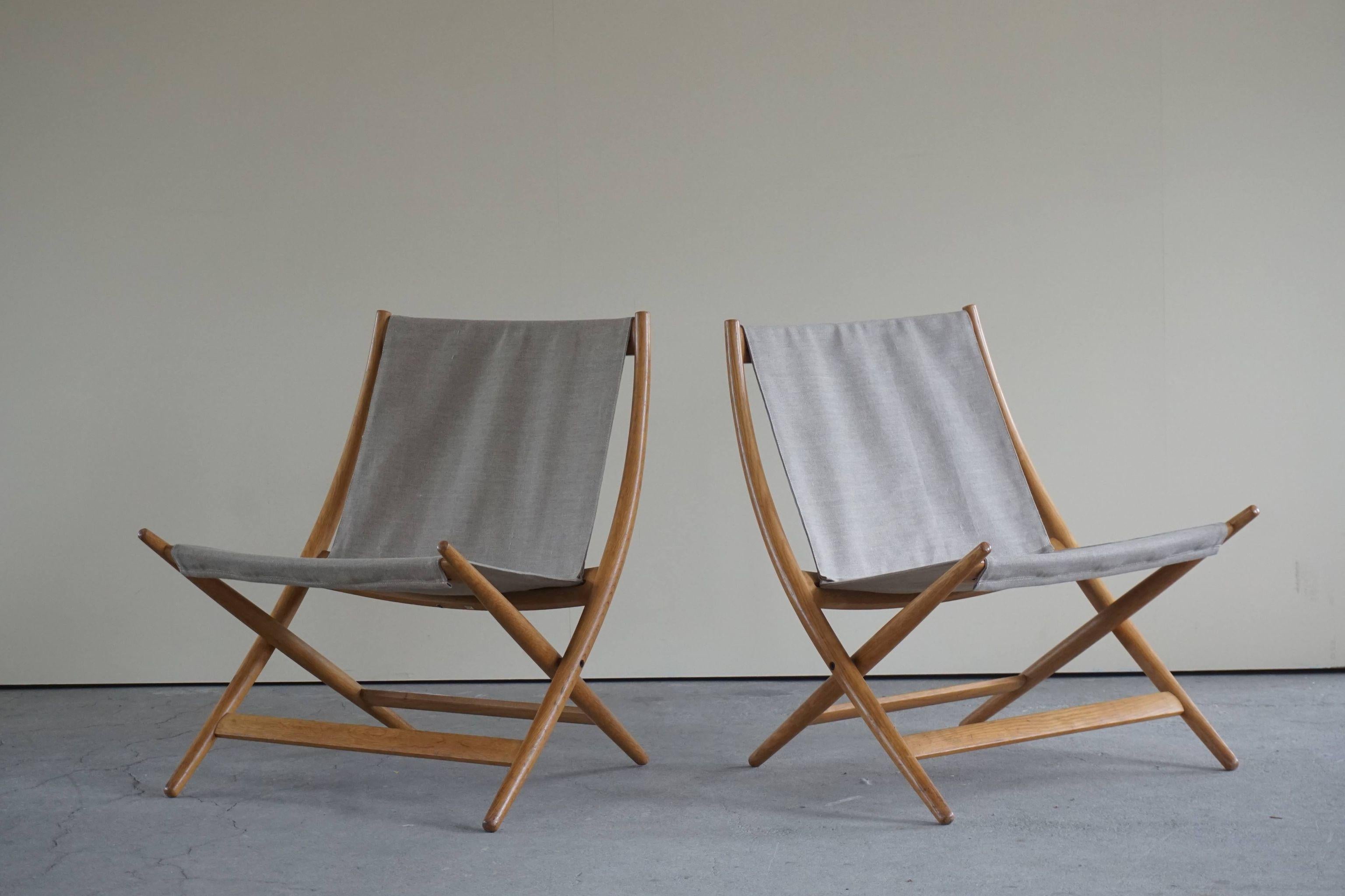 Pair of Danish Modern Folding Chairs by Johan Hagen in Oak and Canvas, 1958 11