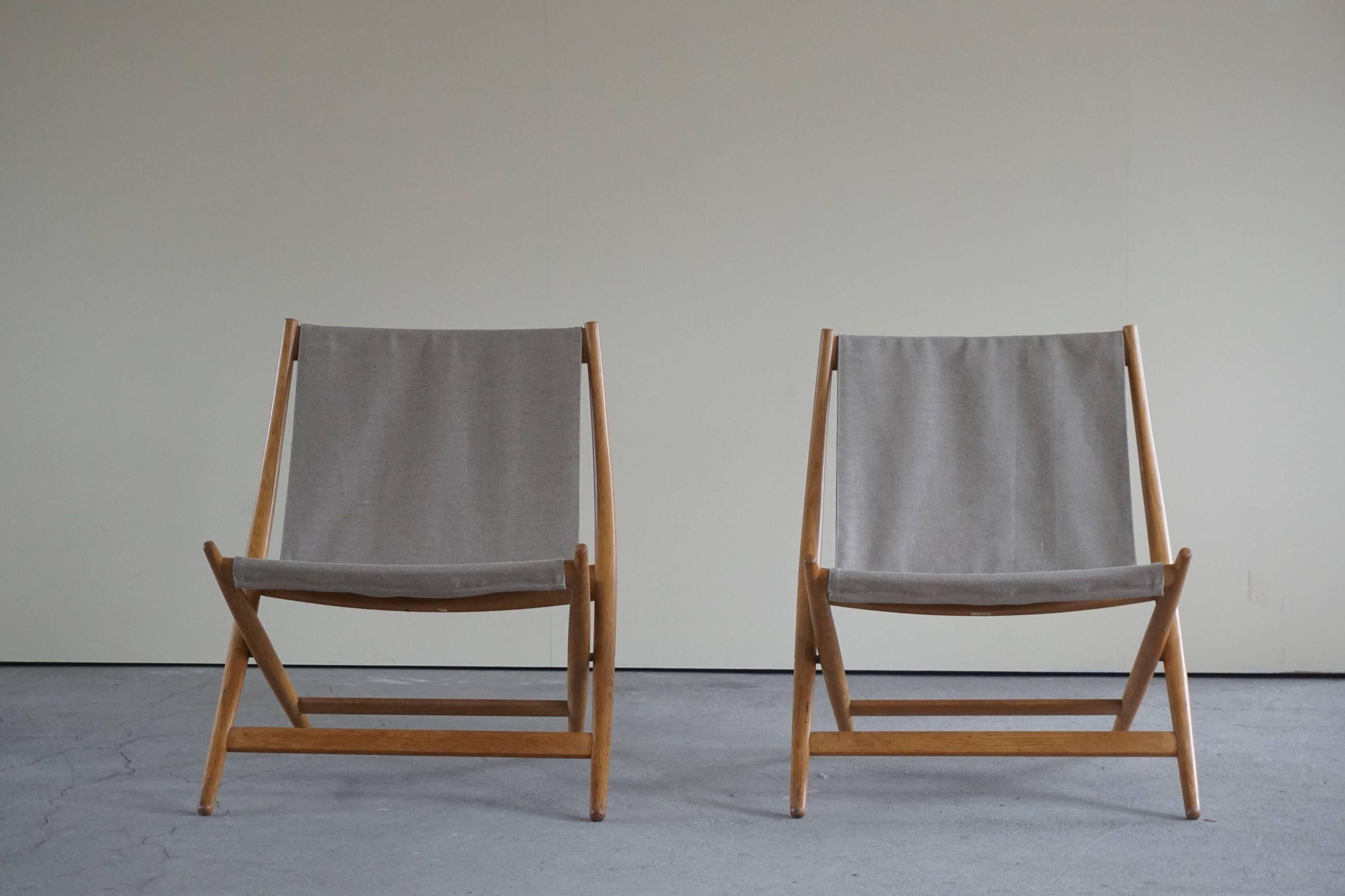 Pair of Danish Modern Folding Chairs by Johan Hagen in Oak and Canvas, 1958 12
