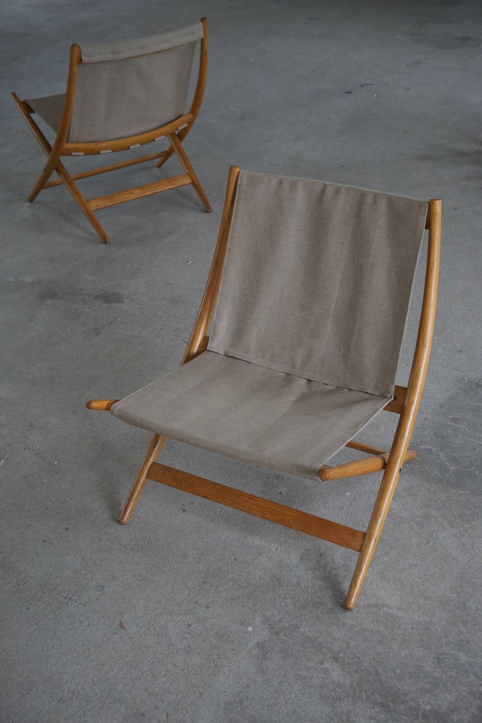 Pair of Danish Modern Folding Chairs by Johan Hagen in Oak and Canvas, 1958 13