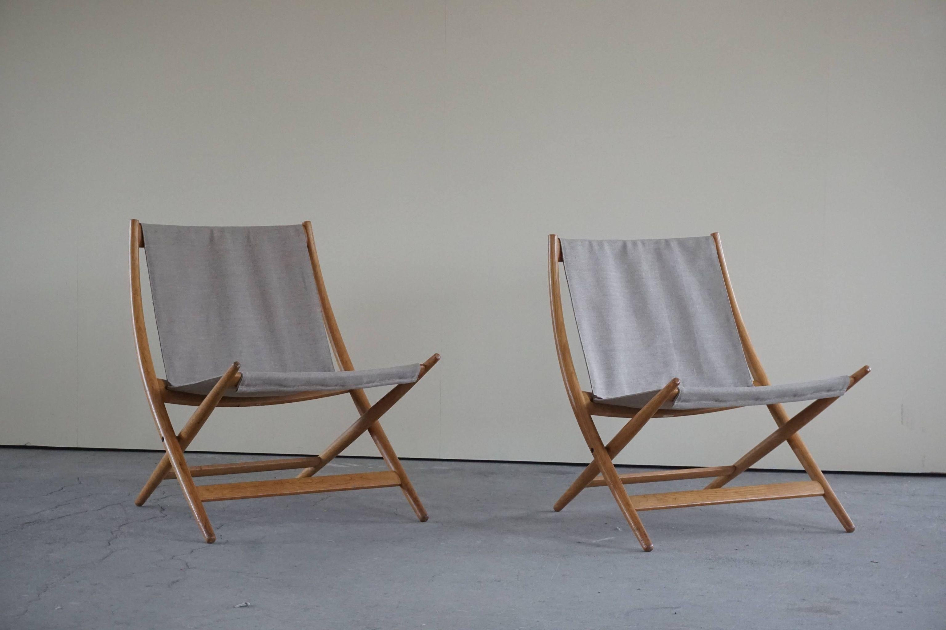 Pair of Danish Modern Folding Chairs by Johan Hagen in Oak and Canvas, 1958 15