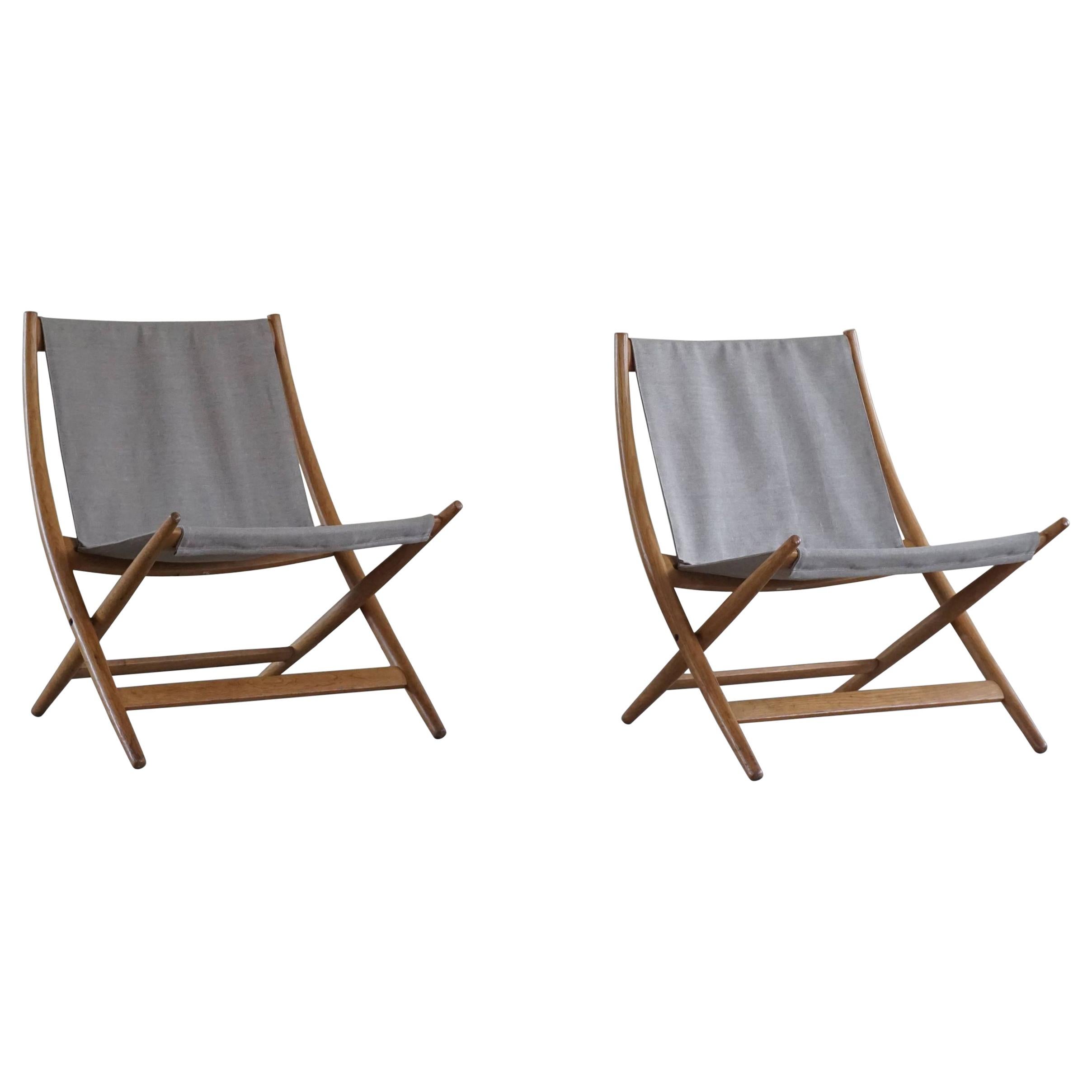 Pair of Danish Modern Folding Chairs by Johan Hagen in Oak and Canvas, 1958