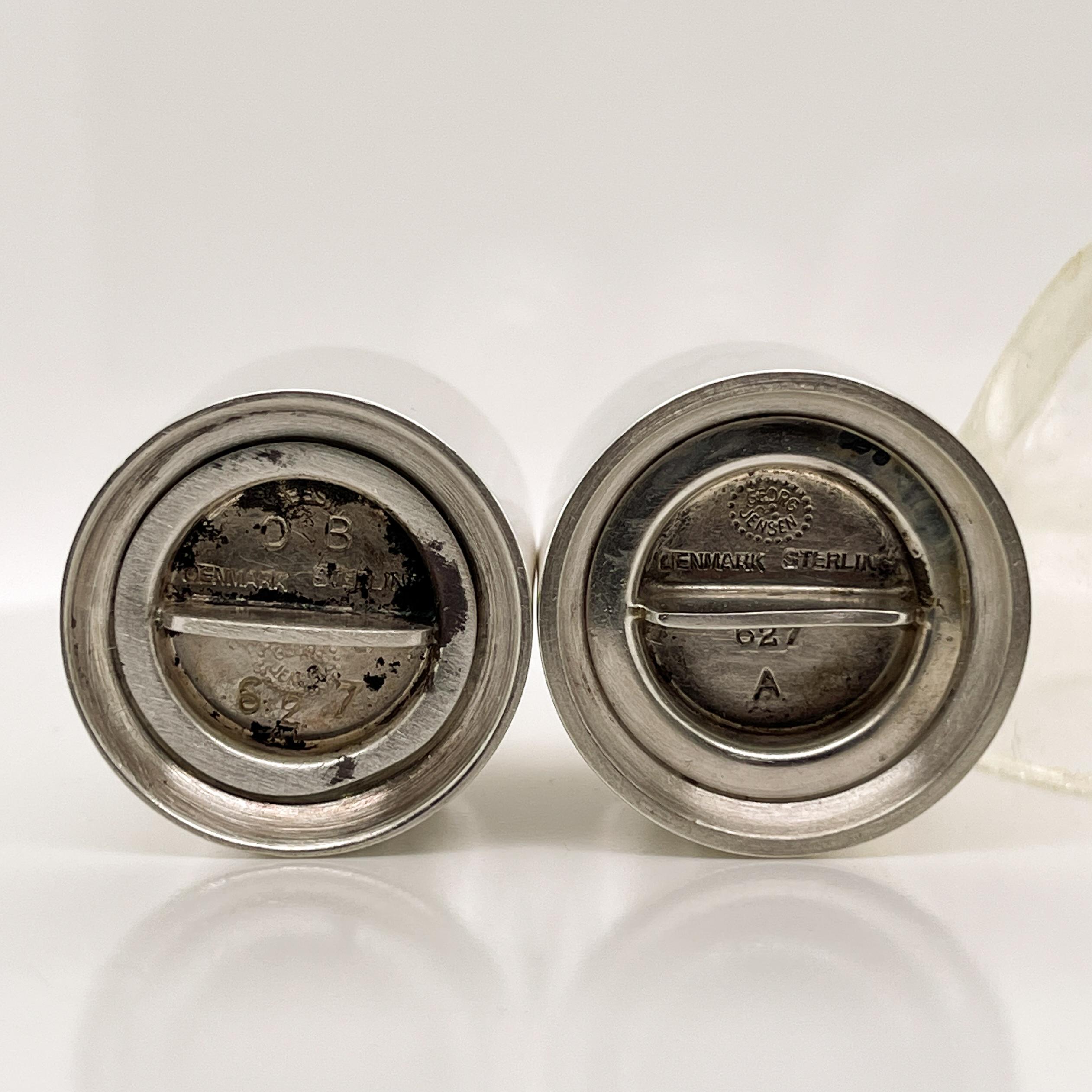 Pair of Danish Modern Georg Jensen Sterling Silver Salt and Pepper Shakers # 627 For Sale 1