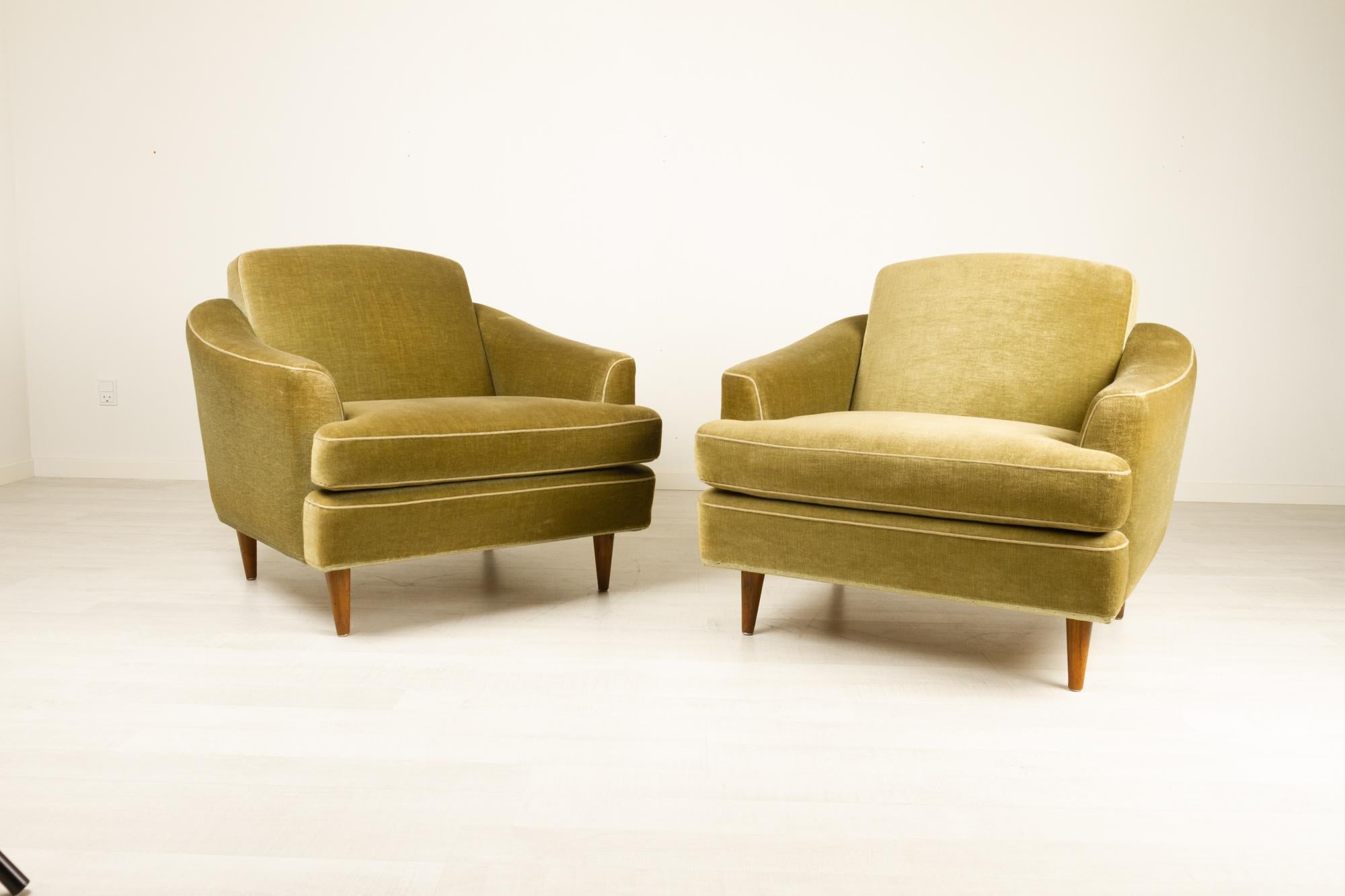 Pair of Danish Modern Green Velvet Lounge Chairs, 1950s 6