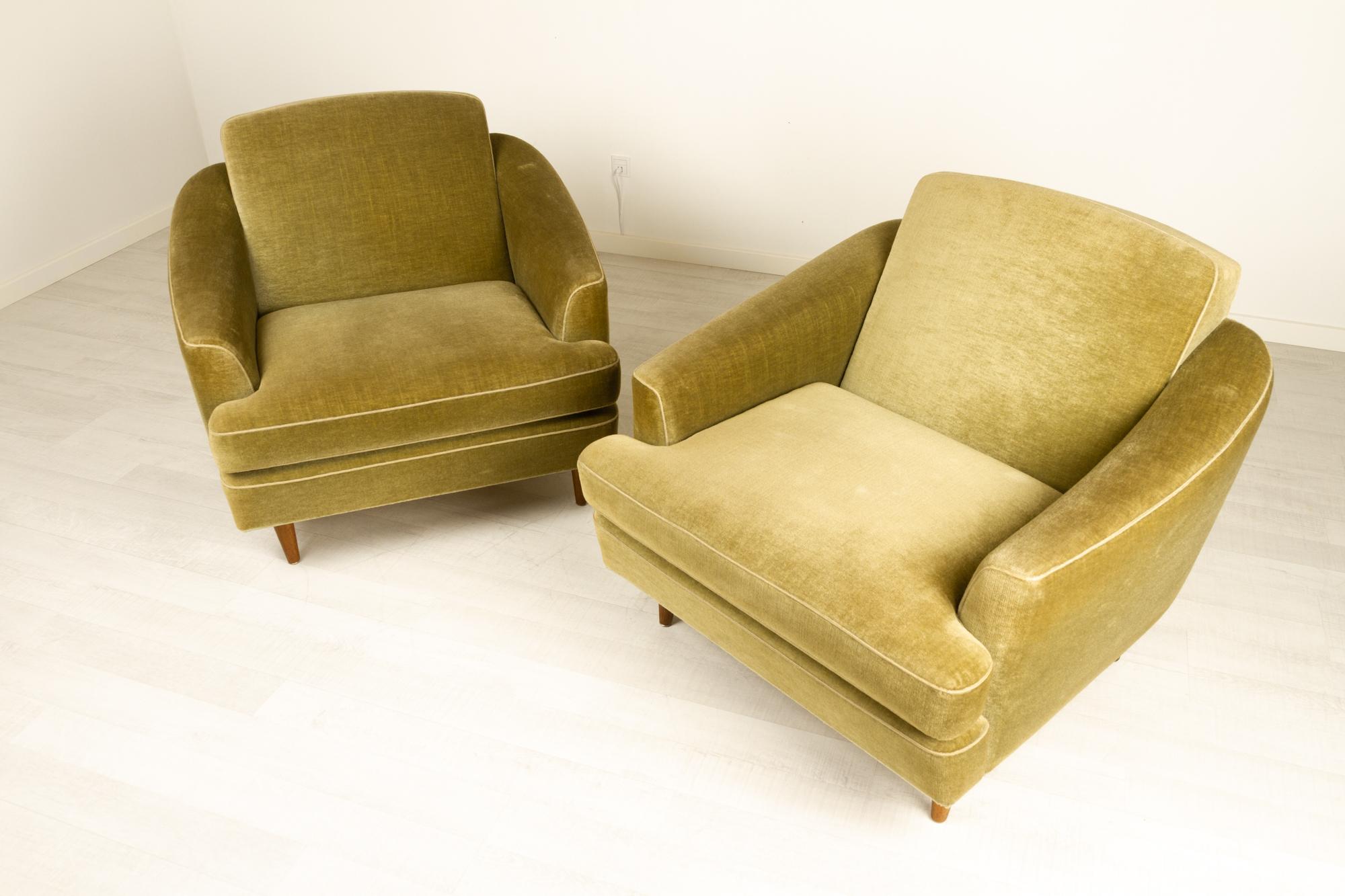 Pair of Danish Modern Green Velvet Lounge Chairs, 1950s 7