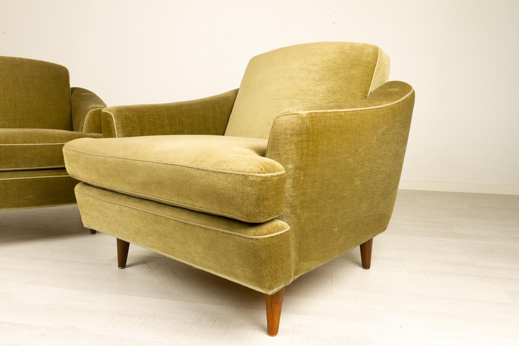 Pair of Danish Modern Green Velvet Lounge Chairs, 1950s 8