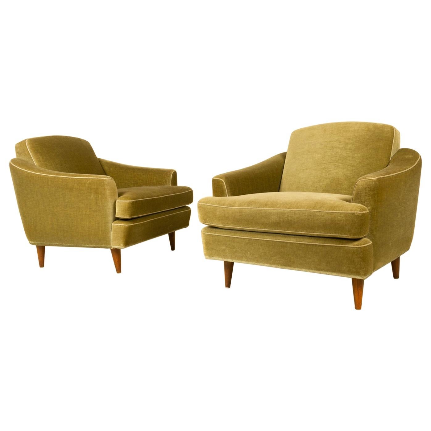 Pair of Danish Modern Green Velvet Lounge Chairs, 1950s